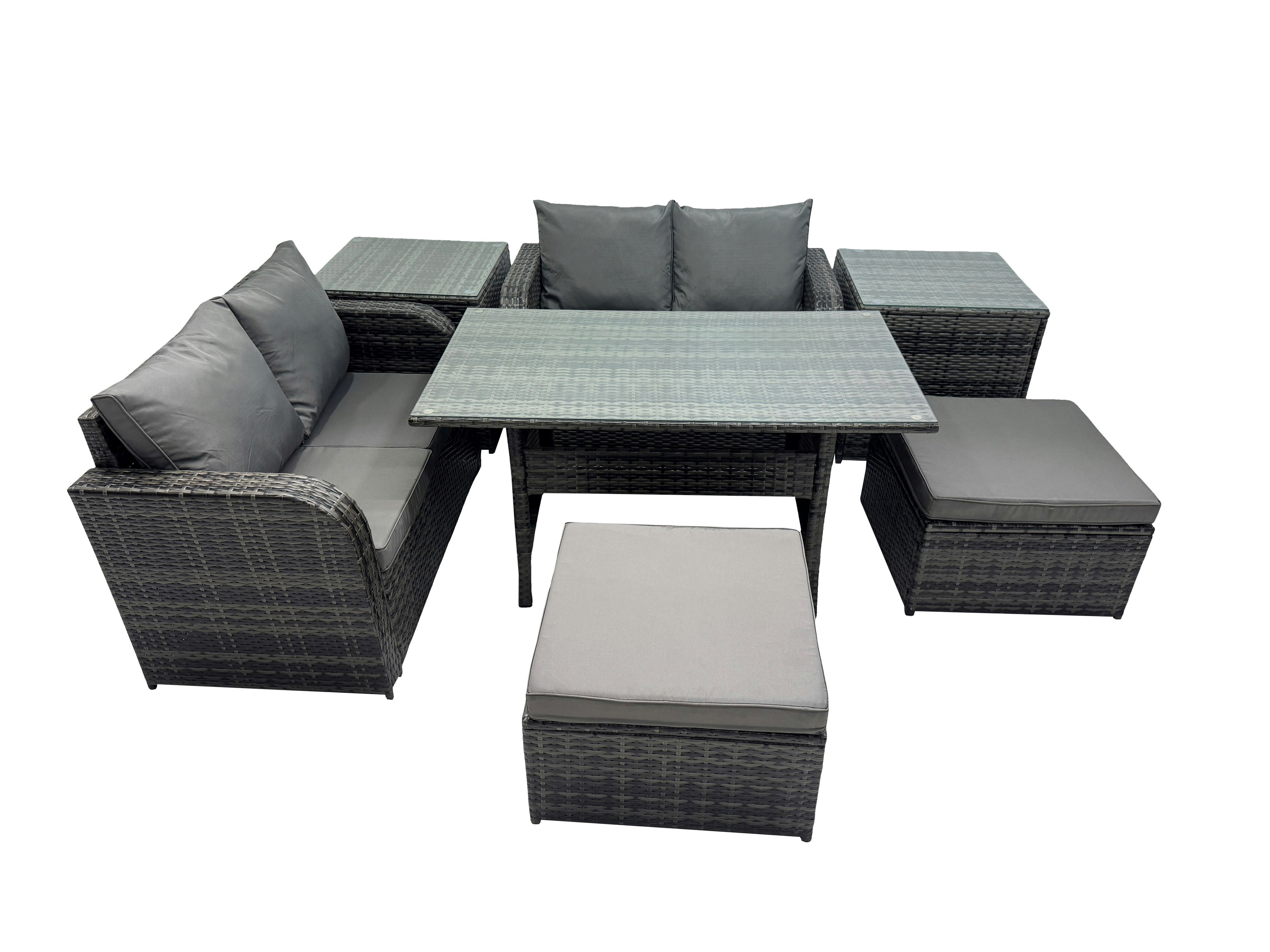 Fimous Dark/Grey Wicker Pe Rattan Garden Outdoor Furniture Set Love Sofa Dining Table Sets With 2 Side Table 2 Big Stools Mixed
