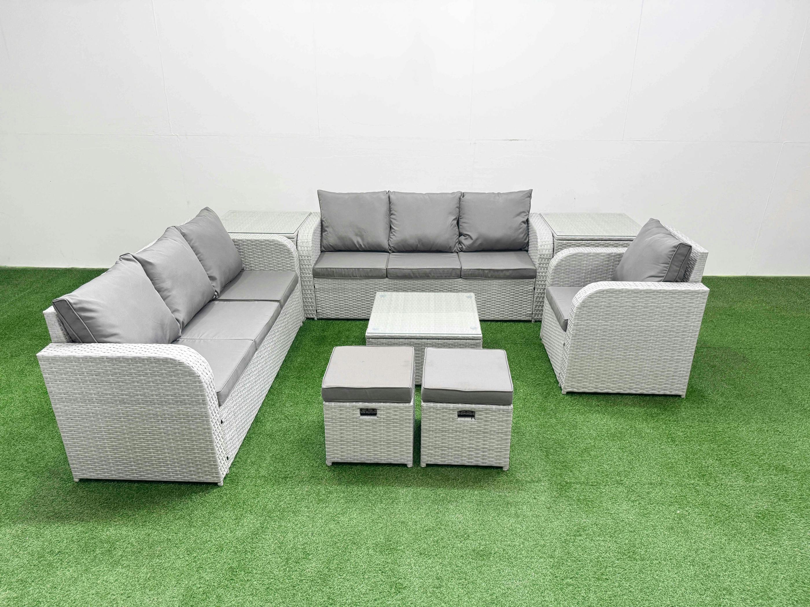 Fimous Light/Grey 9 Seater Rattan Lounge Set, Poly Rattan, Square Coffee Table, 3 Seater Sofas, Reclining Chair, Stools And 2 Side Tables,