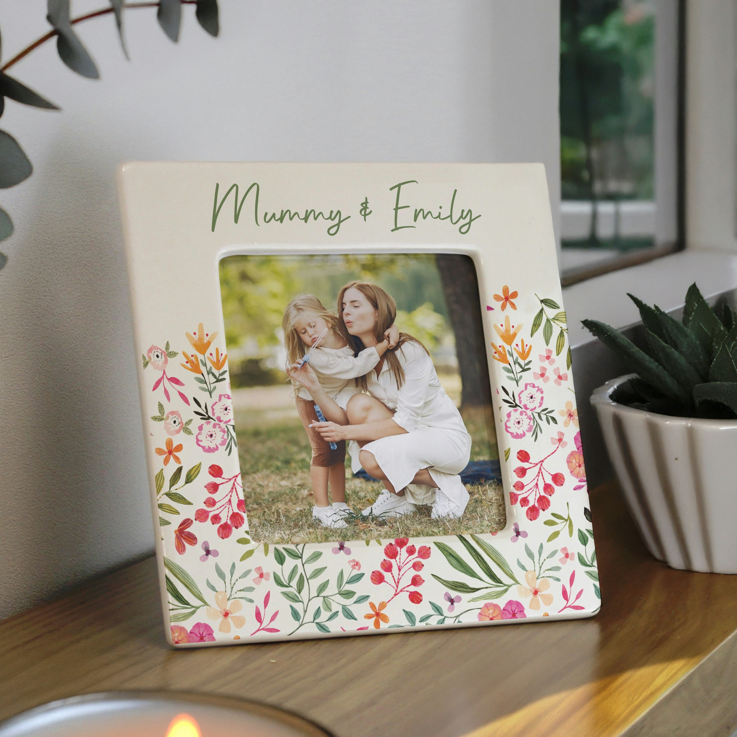 Rackhams Cream Personalised Floral Ceramic 4X4 Frame - Ceramic - 4X4
