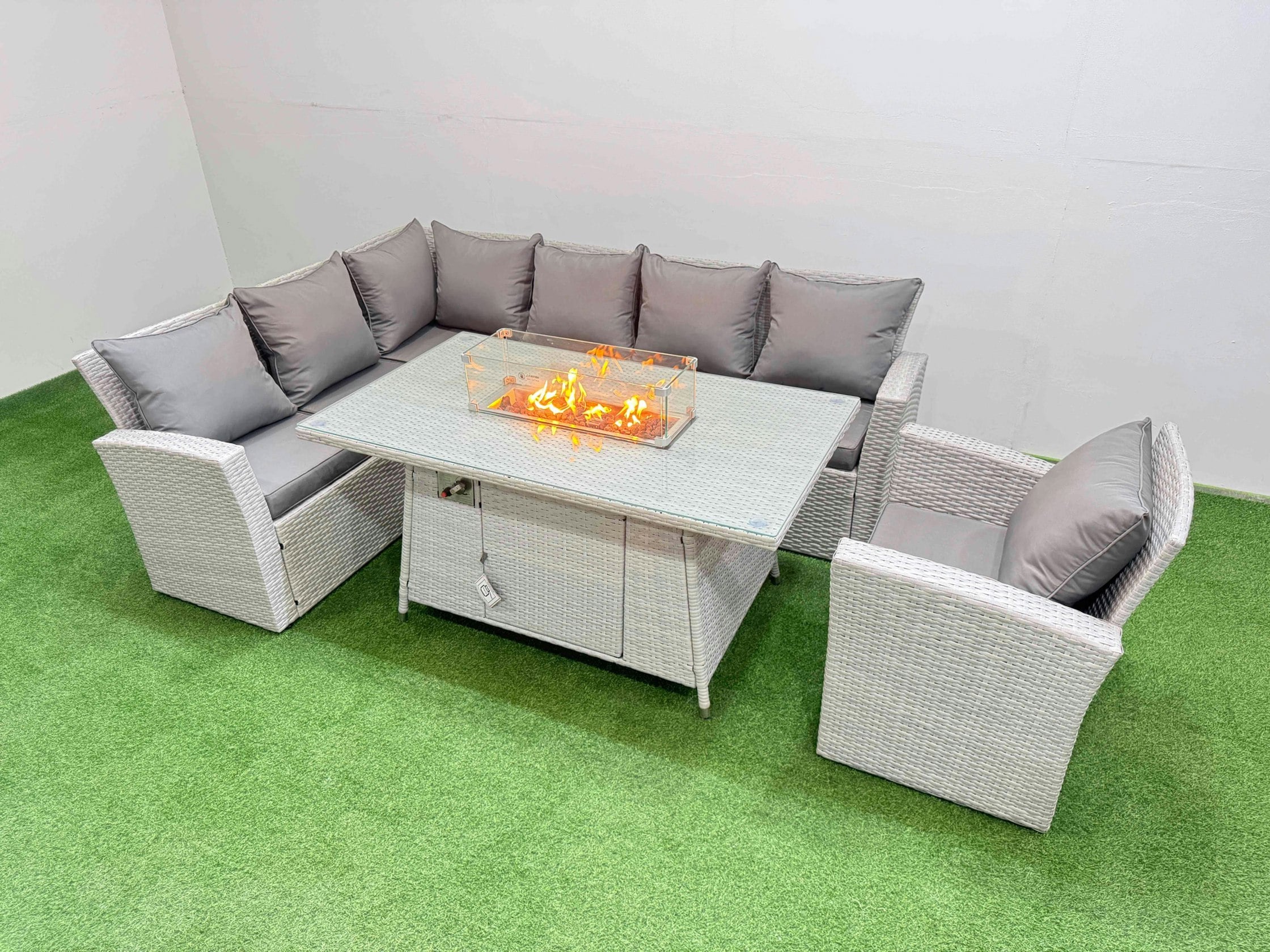 Fimous Light/Grey 7 Seat Rattan Garden Furniture Corner Sofa Set Outdoor Gas Fire Pit Table Sets With Armchair