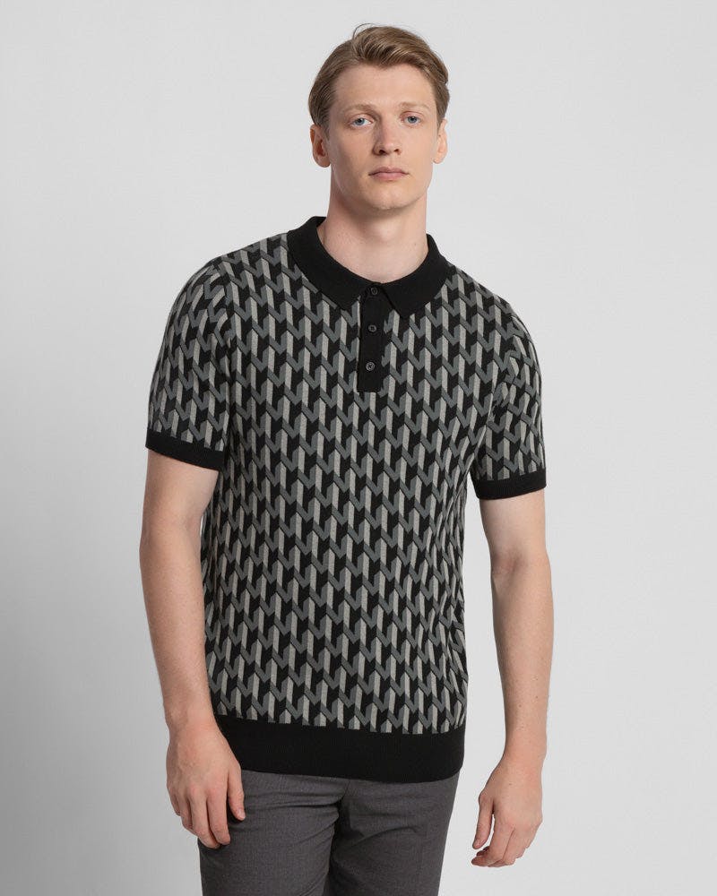 Steel & Jelly Black Geometric Jacquard Short Sleeve Polo Shirt - L