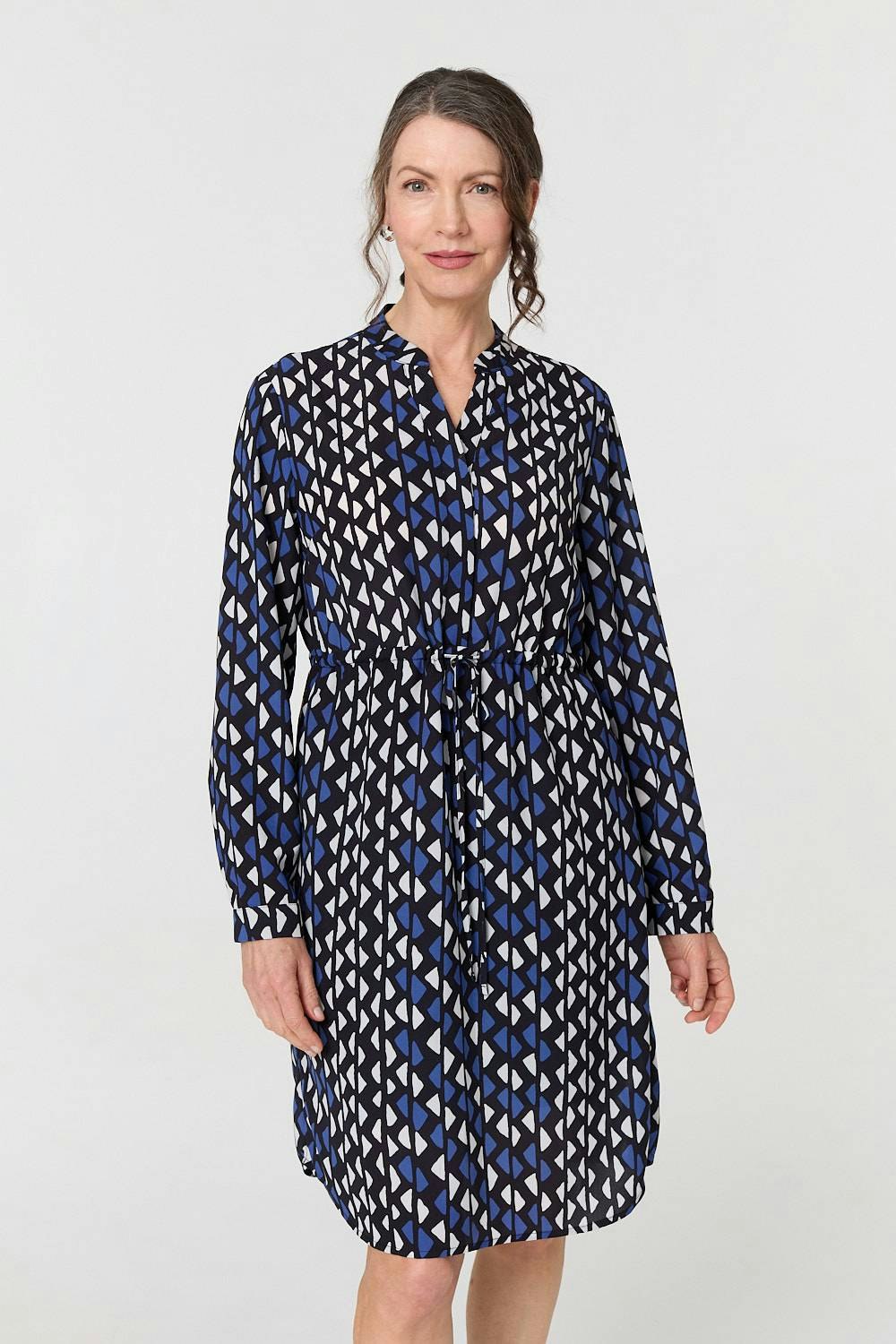 Izabel London Women's Blue Geo Print Tie Waist Knee Length Dress - 8