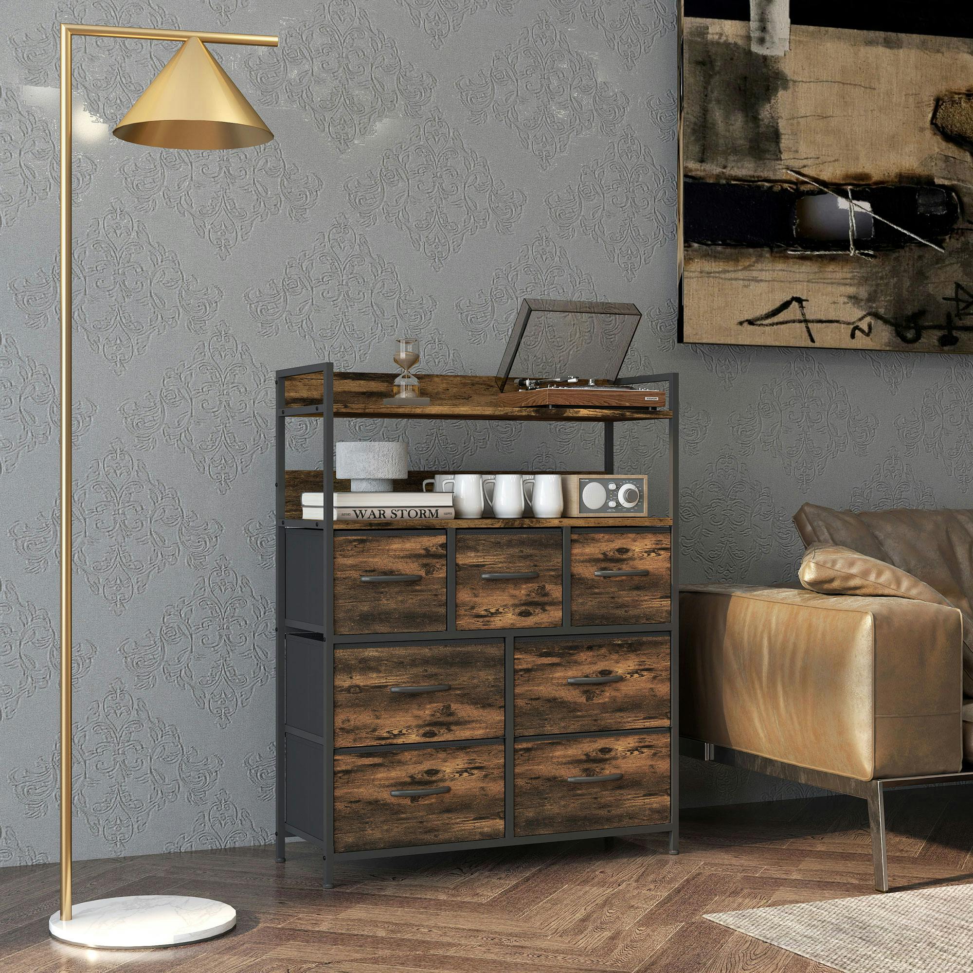 Homcom Black/Brown Bedroom Chest Of Drawers 7 Drawer Dresser W/ Shelves - Rustic