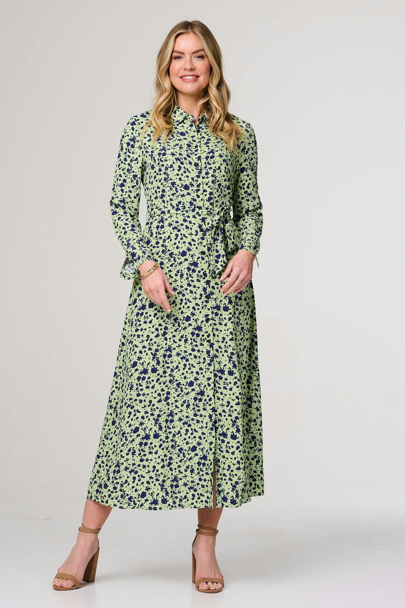 Izabel London Green Printed Long Sleeve Midi Shirt Dress - 16
