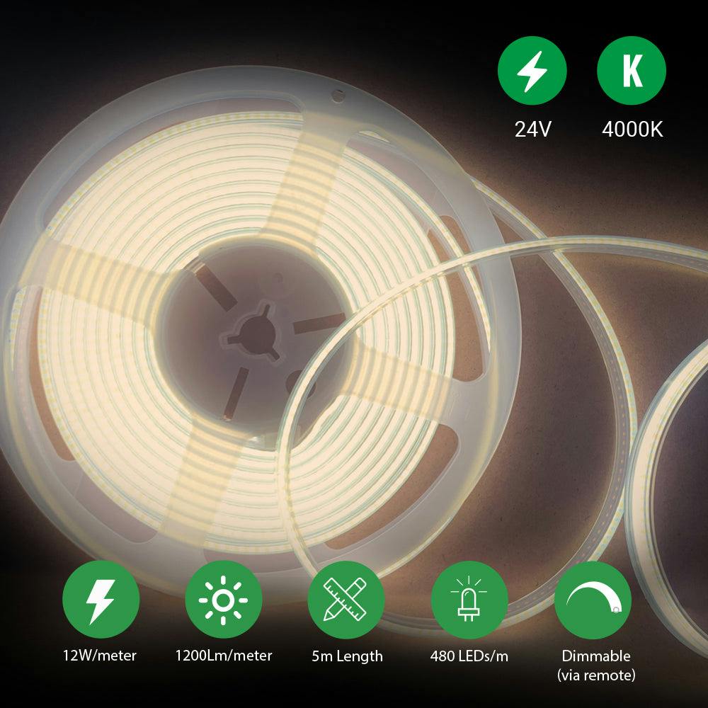 Ener-J White/Light Plug And Play 24V Dotless Cob Led Strip Kit‚ 5M 480 Leds/M + Dimming Controller & Remote + Uk Plug, 4000K
