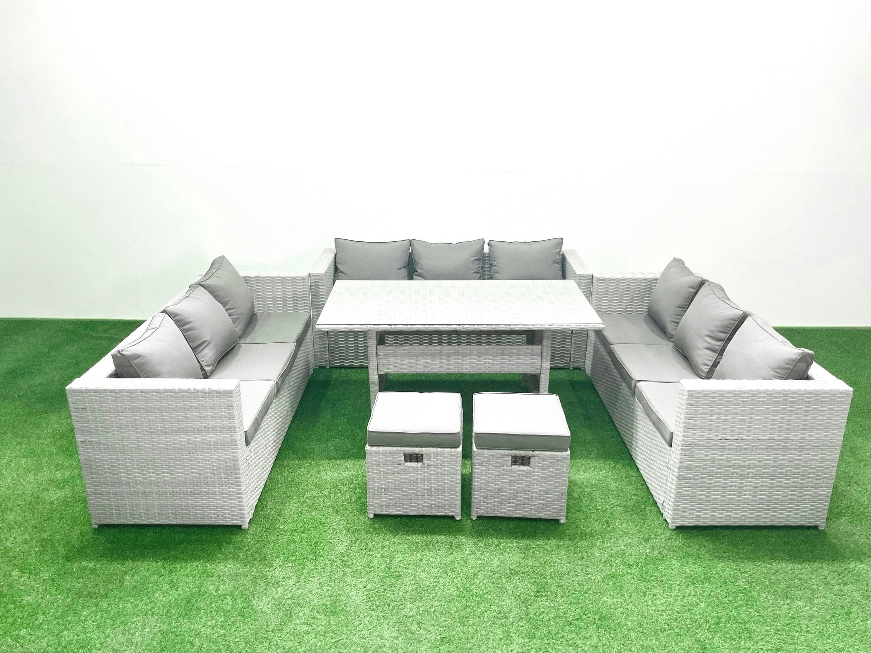 Fimous Light/Grey Rattan Garden Outdoor Furniture Set 11 Seater Garden Sofa Rectangulr Dining Table Set With 2 Small Footstool Mixed