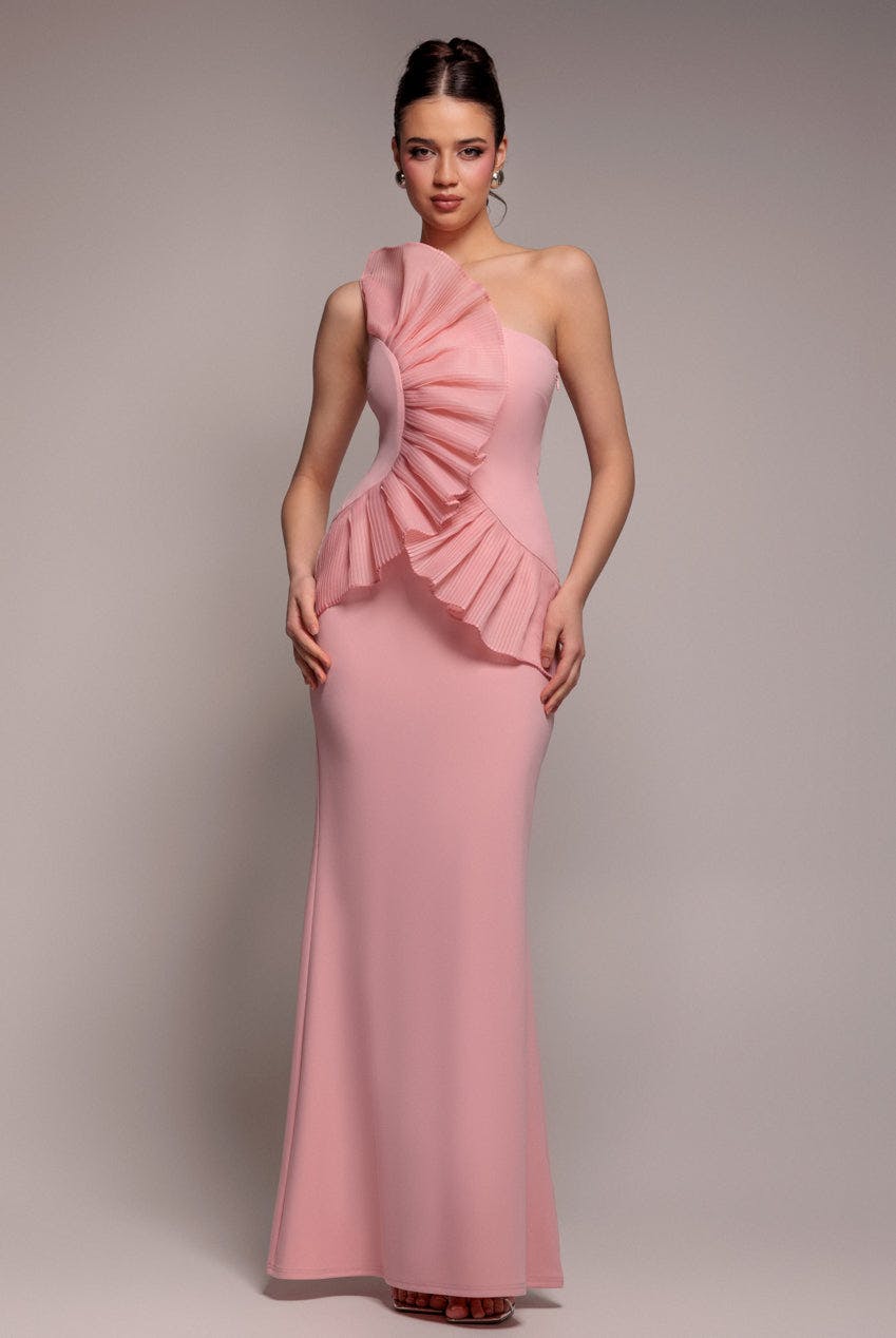Goddiva Pink One Shoulder Pleated Fan Maxi Dress - Blush By - Blush - 16