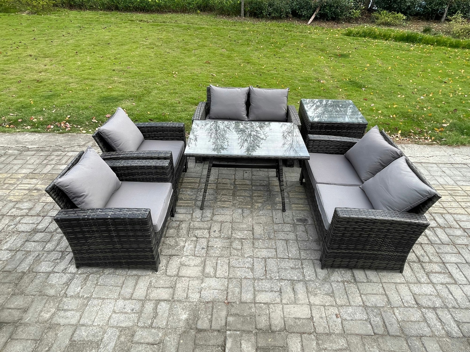 Fimous Dark/Grey Rattan Garden Furniture Set 6 Seater Patio Outdoor Lounge Sofa Set With Rectangular Dining Table Love Seat Sofa Side Table Mixed