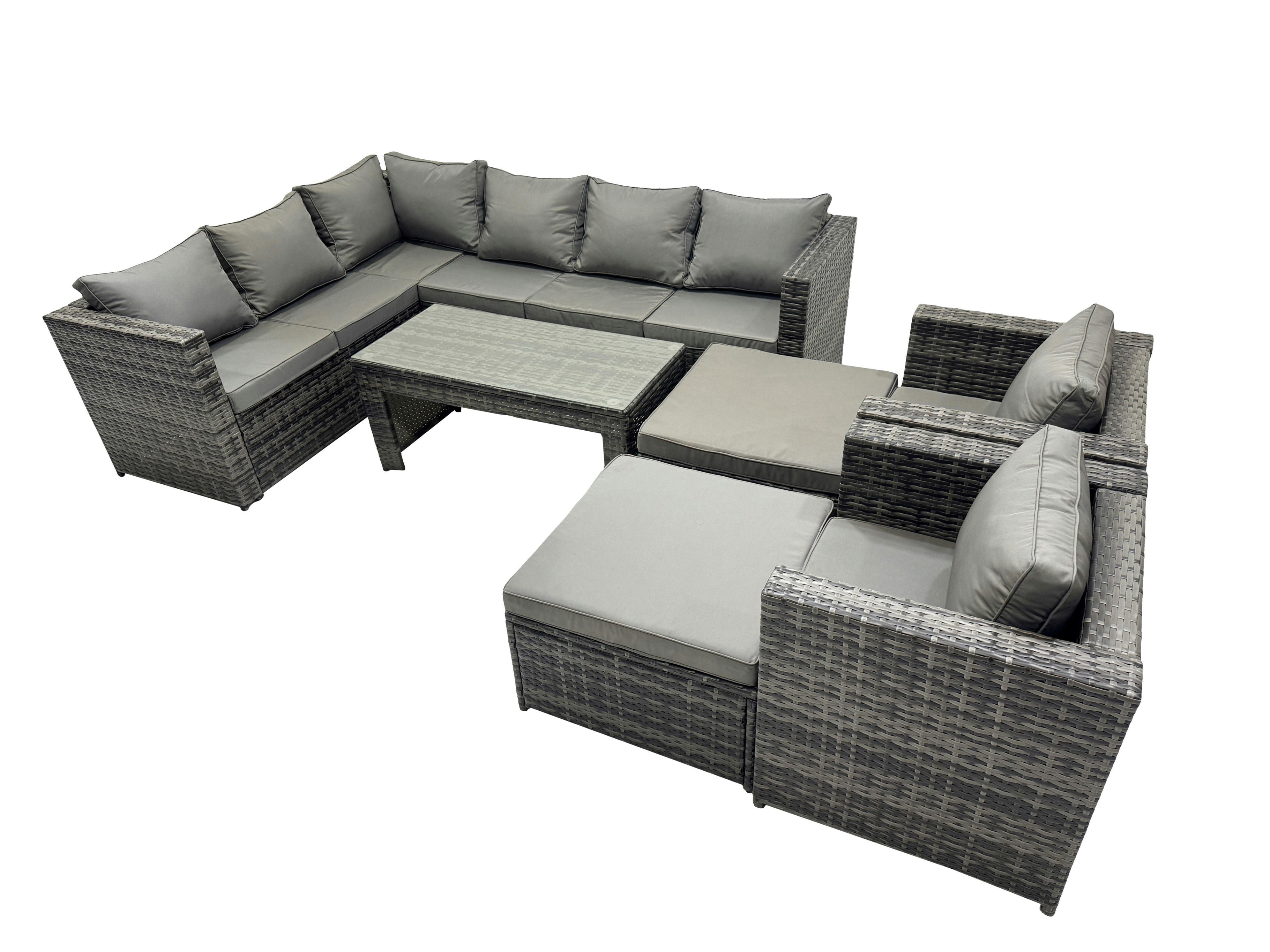 Fimous Dark/Grey 7 Pieces Outdoor Pe Rattan Garden Furniture Corner Sofa Oblong Coffee Table Set With Cushions Chair 2 Big Footstools Mixed
