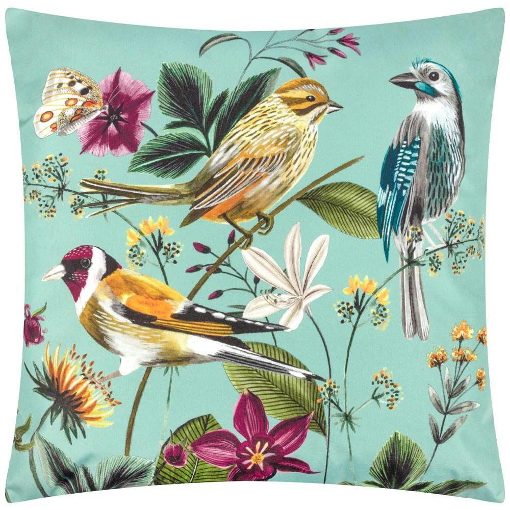 Wylder Nature Midnight Garden Birds Outdoor Cushion Cover - Aqua - One Size - Aqua - 100% Polyester