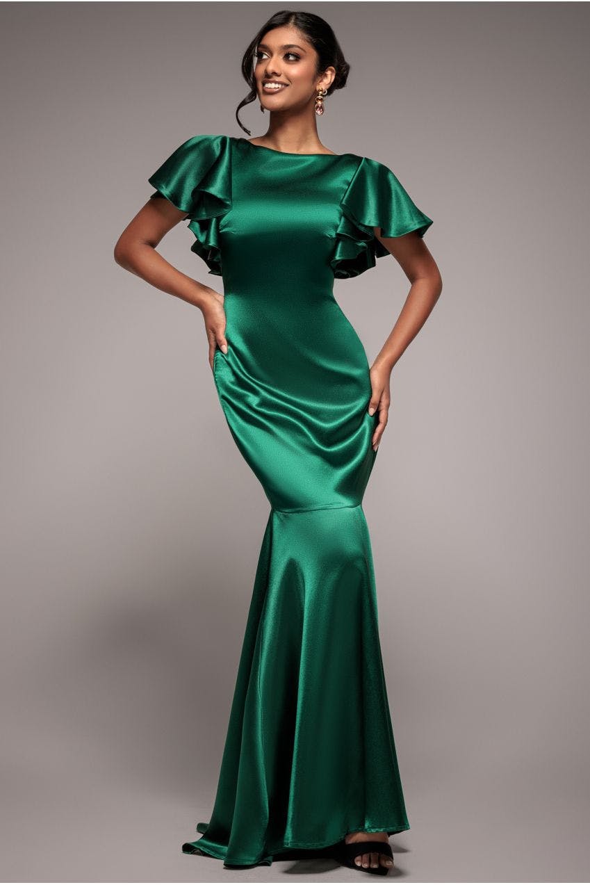 Goddiva Green Satin Flutter Sleeve Mermaid Maxi - Emerald By - Emerald - 8