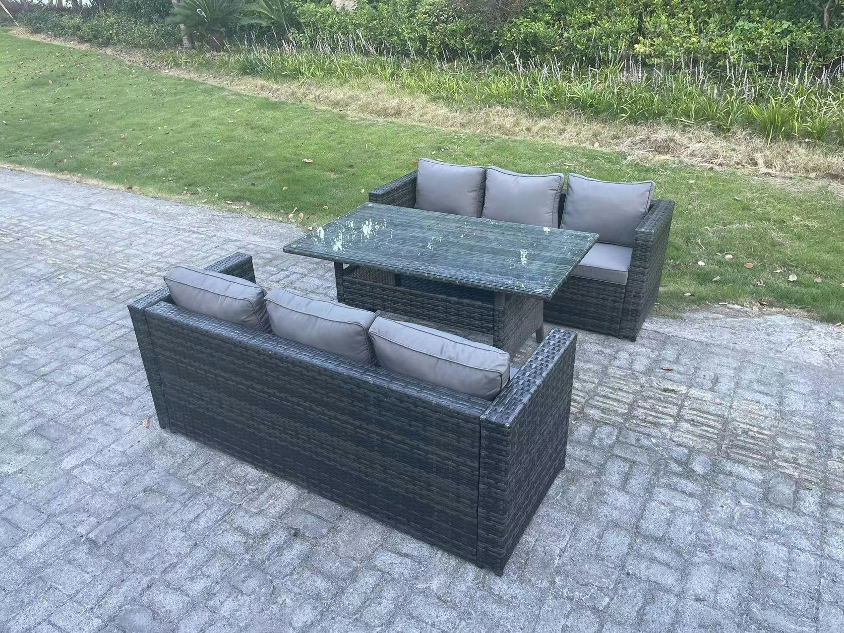Rackhams Dark/Grey Pe Wicker Outdoor Garden Furniture Set Patio Rattan Rectangular Dining Table Lounge Sofa 6 Seater Mixed