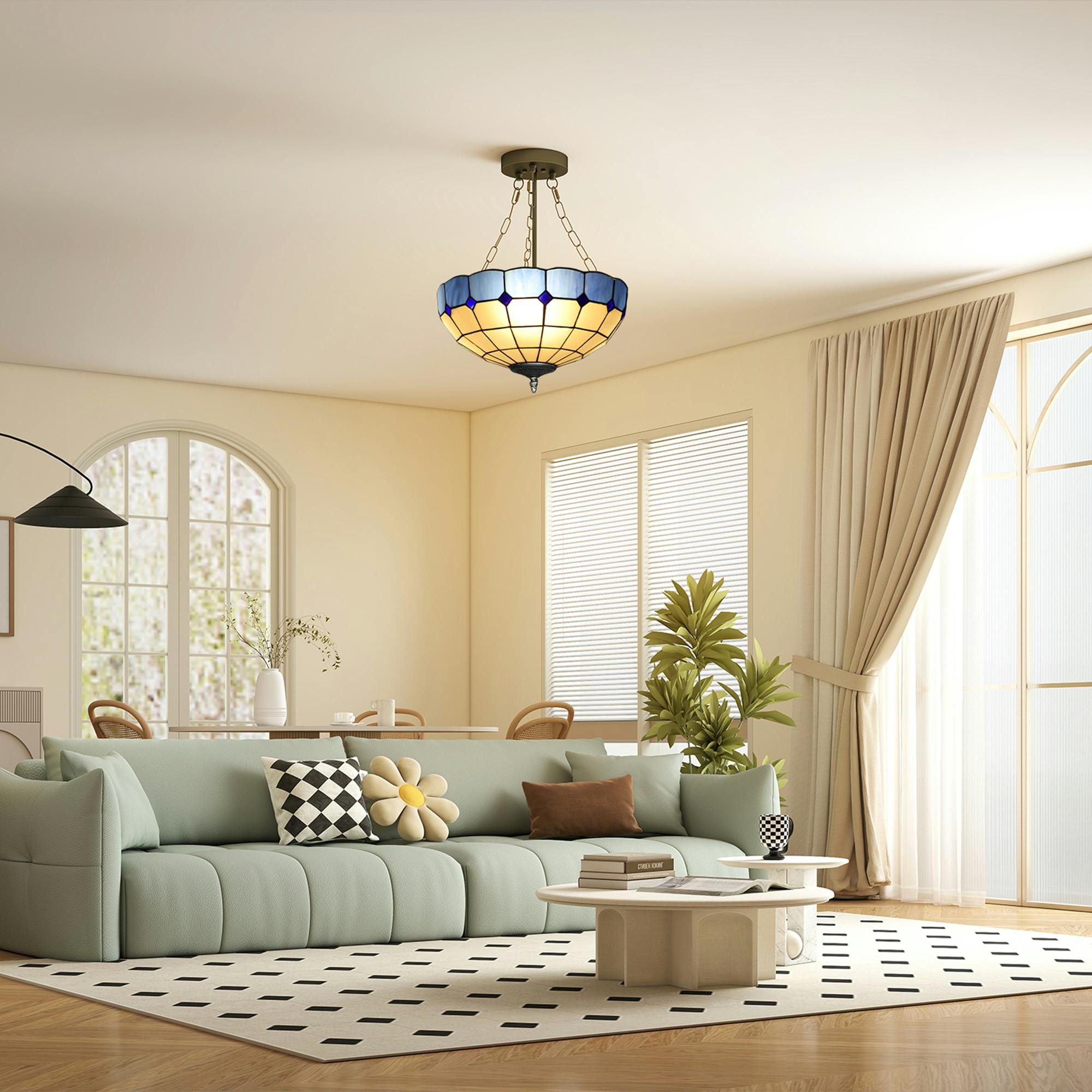 Rackhams Light/Blue/White Ceiling Vintage Tiffany Style Chandelier With 3 E27 Sockets - And