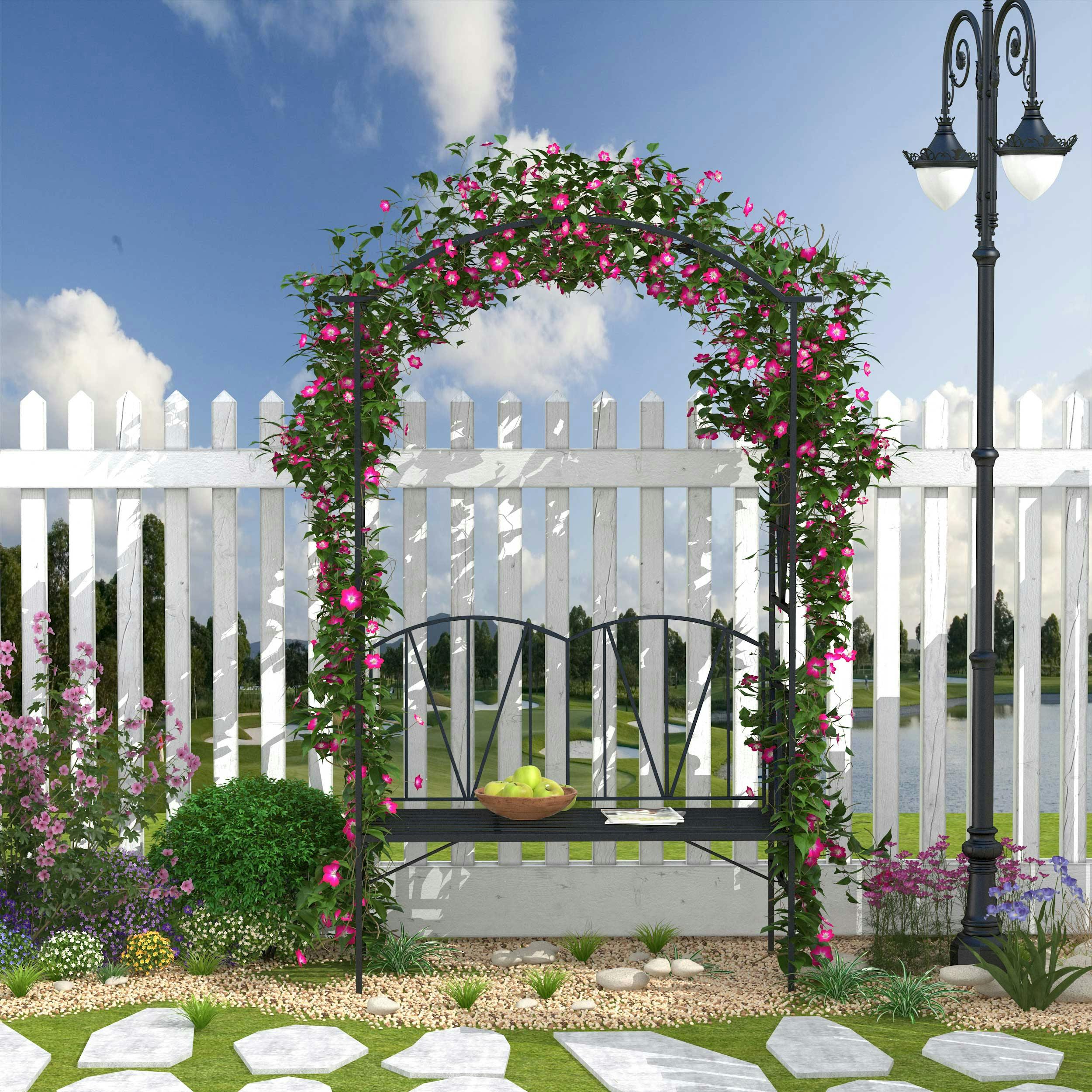 Rackhams Black Garden Bench, Metal Garden Loveseat With Arch For Climbing Plants