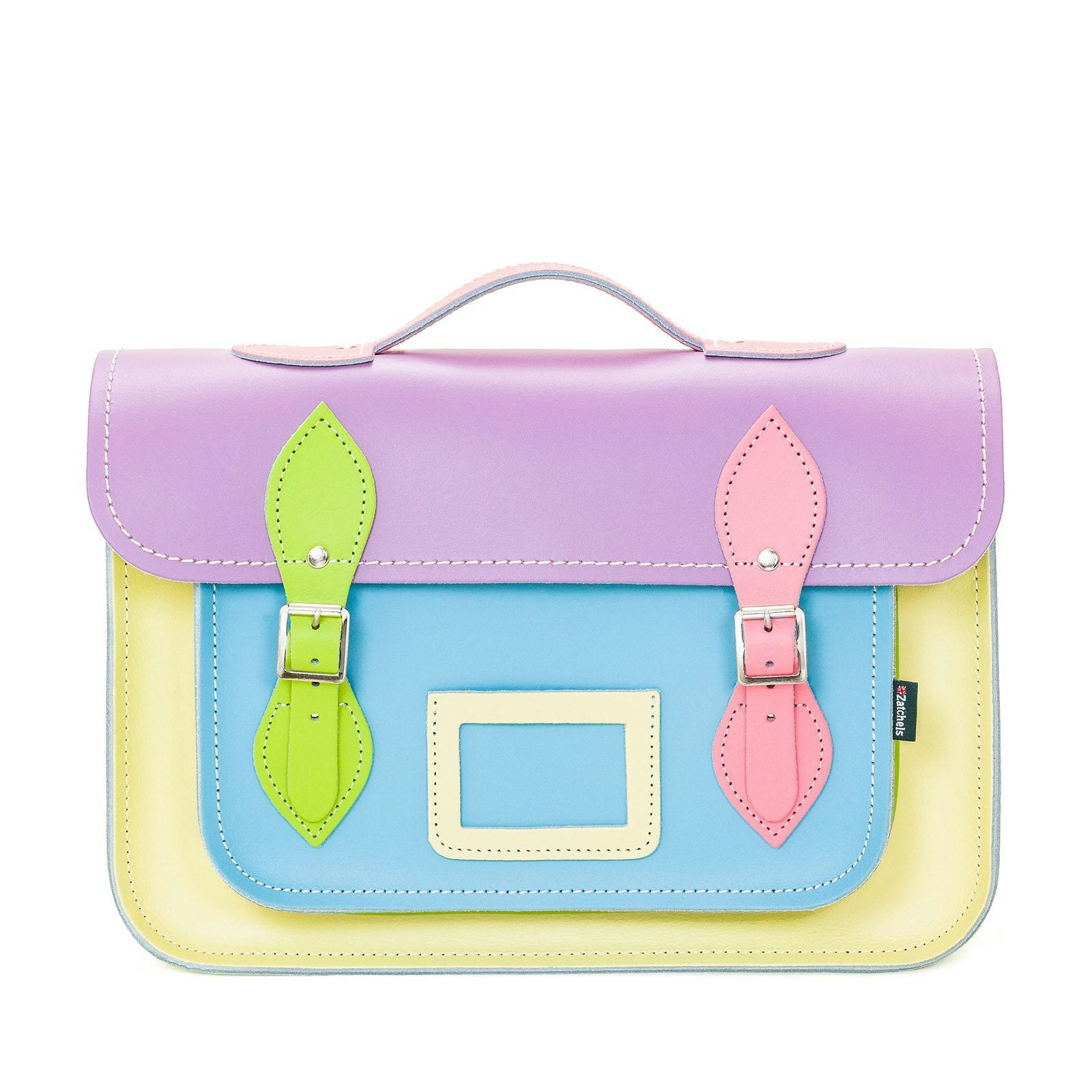 Zatchels White/Silver Handmade Leather Satchel - Pastel Kaleidoscope - 13"