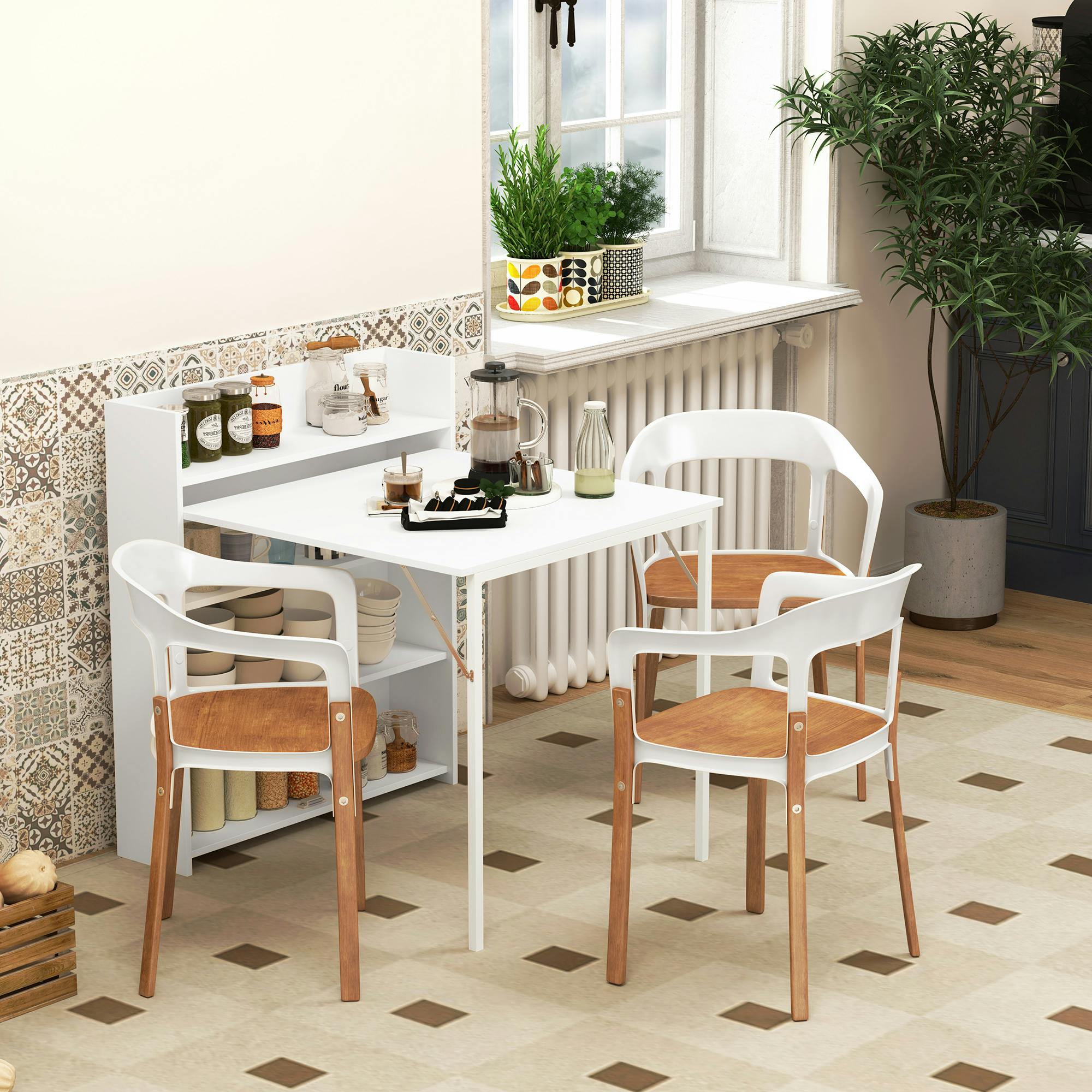 Homcom White Folding Dining Table, Kitchen Table With Shelves - Steel Tube, Foldable, With Anti-Tip - Steel - Steel