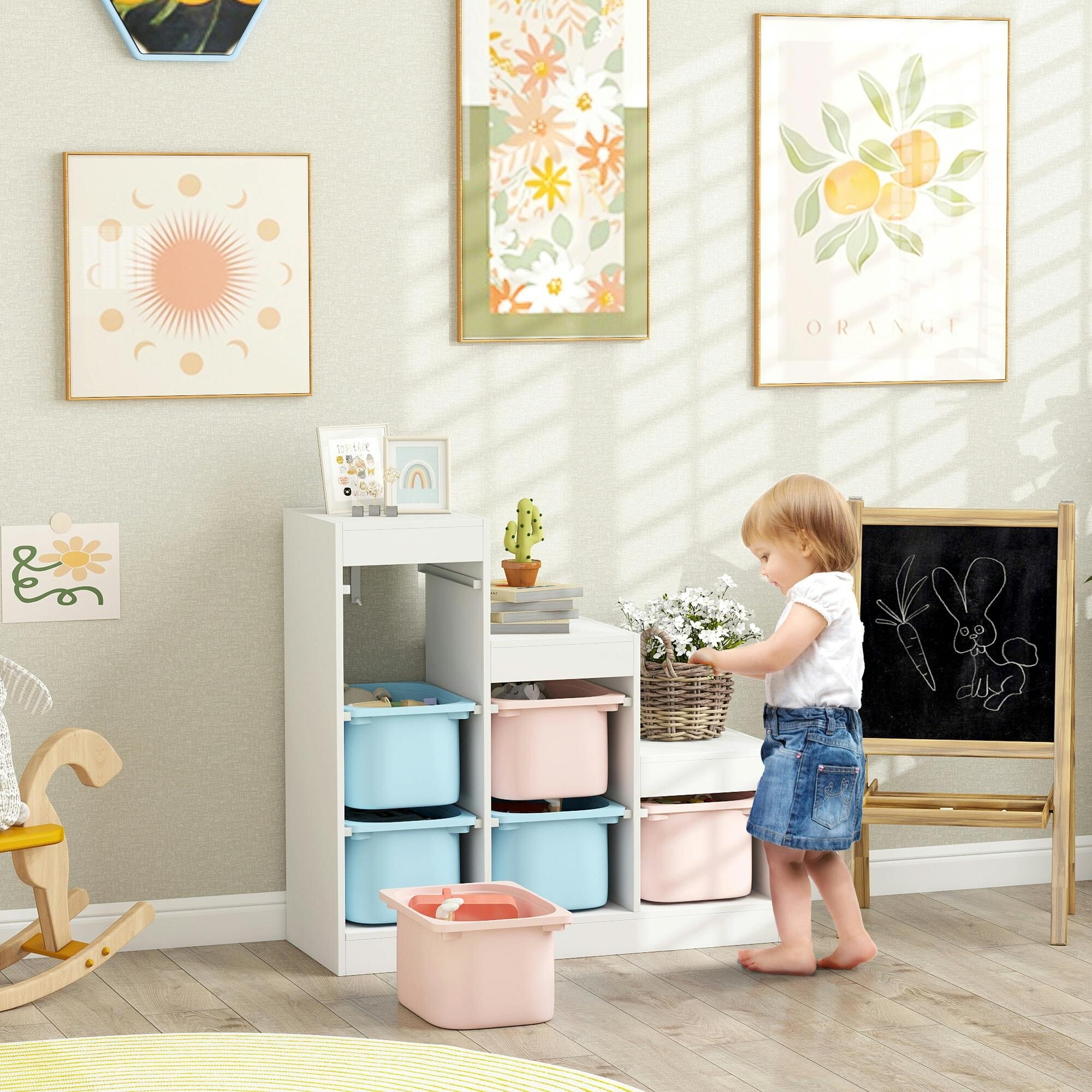Aiyaplay Blue/Pink 3-Layer Kids Toy Storage Unit With 6 Removable Bins, Multi-Colour