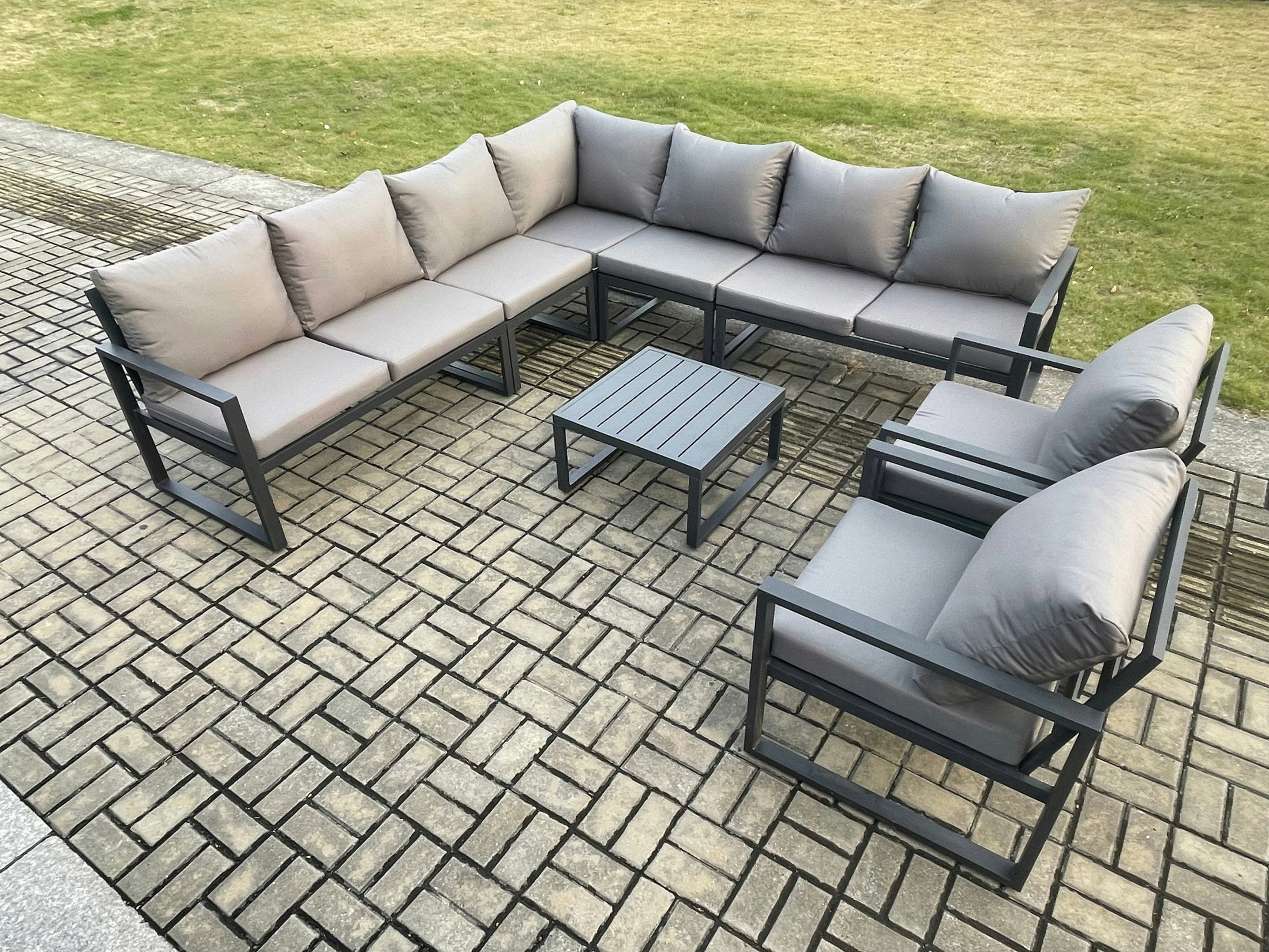 Fimous Dark/Grey Outdoor Garden Furniture Patio Lounge Corner Sofa Aluminium Set With Square Coffee Table 2 Pcs Arm Chairs