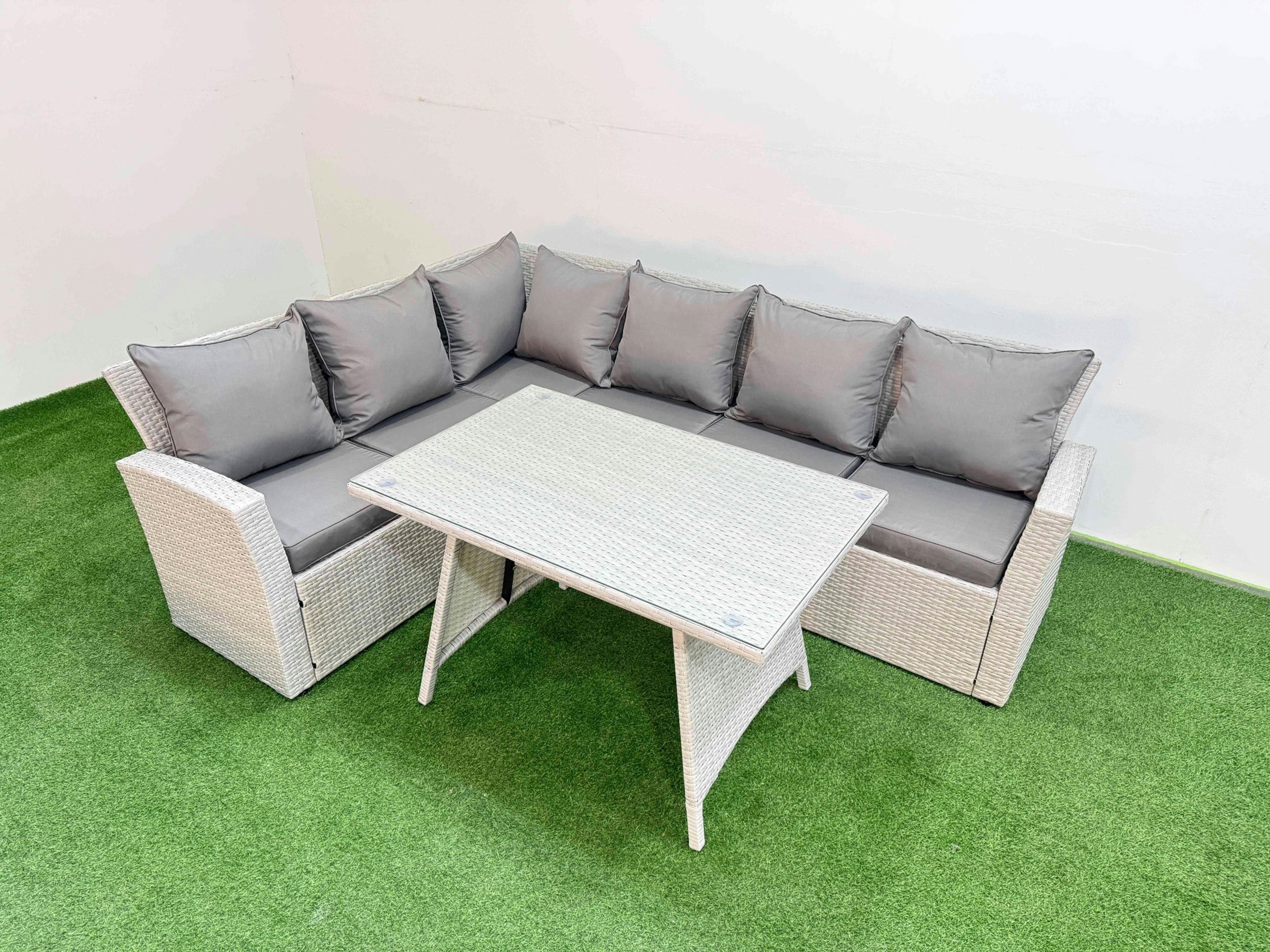 Rackhams Light/Grey Garden Outdoor Rattan Furniture Set Rattan Corner Sofa Oblong Dining Table Set Mixed 6 Seater