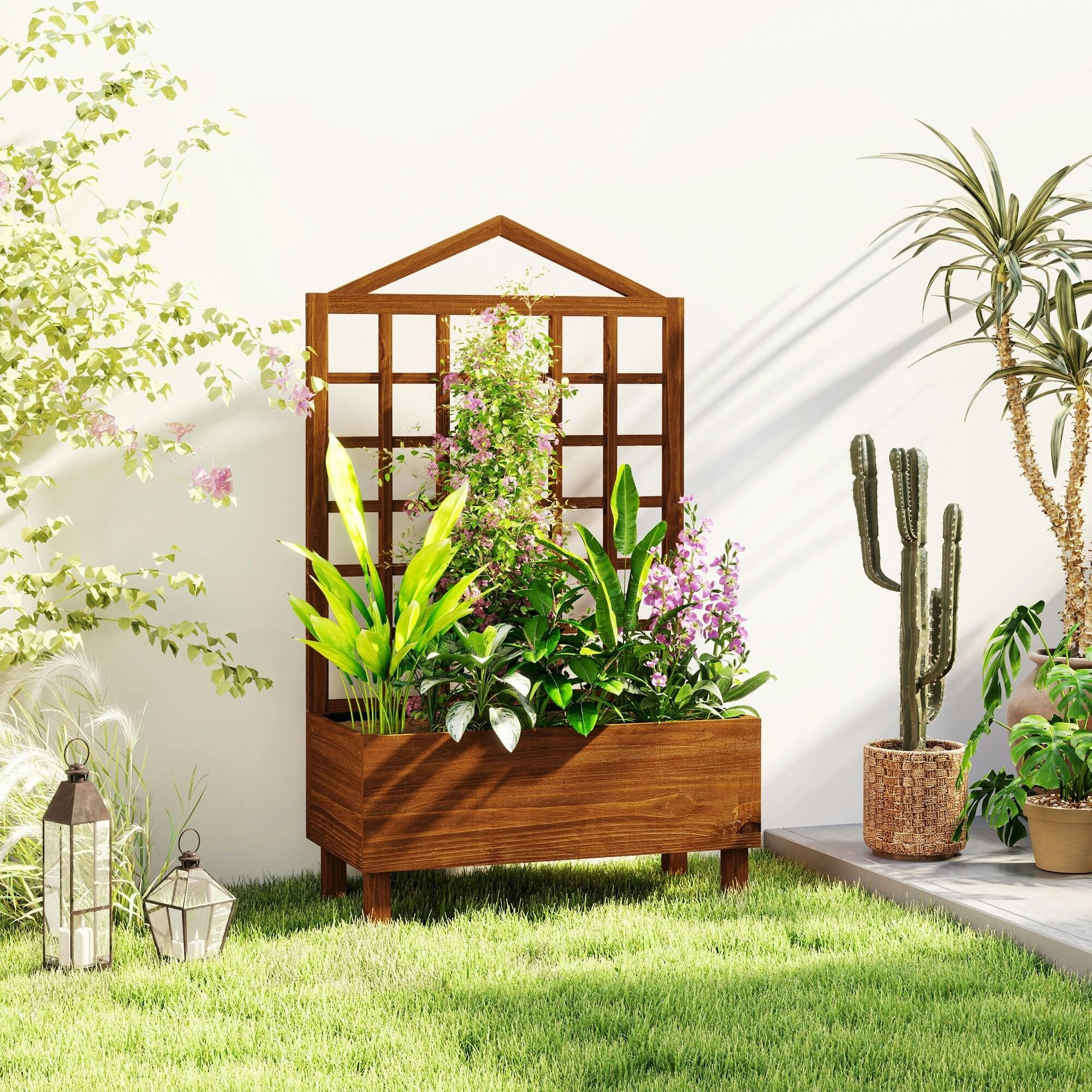 Outsunny Brown Wooden Planters With Trellis 90X43x150cm, Distressed | For Vine Climbing, Raised Beds For Garden Patio, Outdoor Planter Box For Vegetables, Flowers, Herbs - Image 4