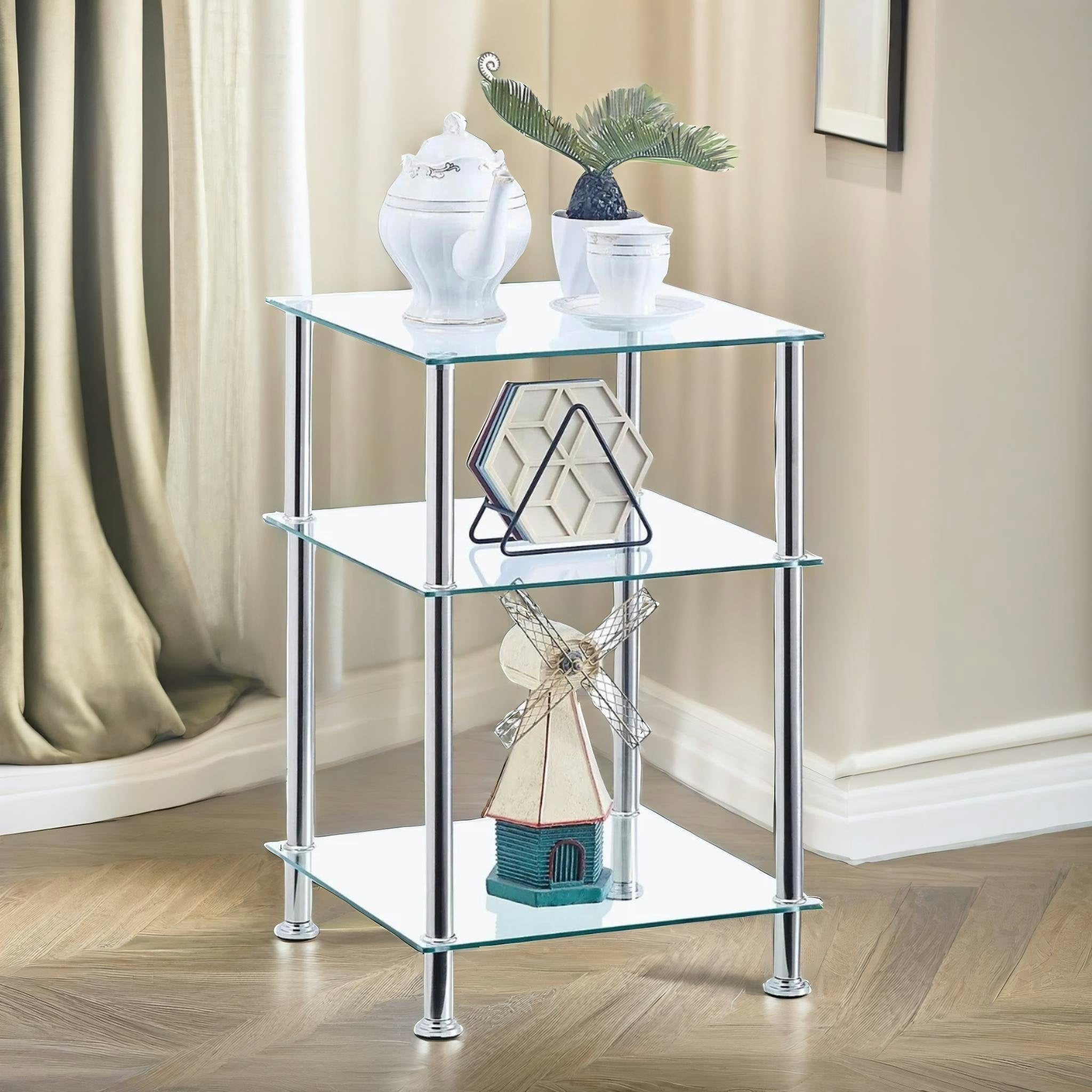 Rackhams Silver 3 Tier Tempered Glass Side Table