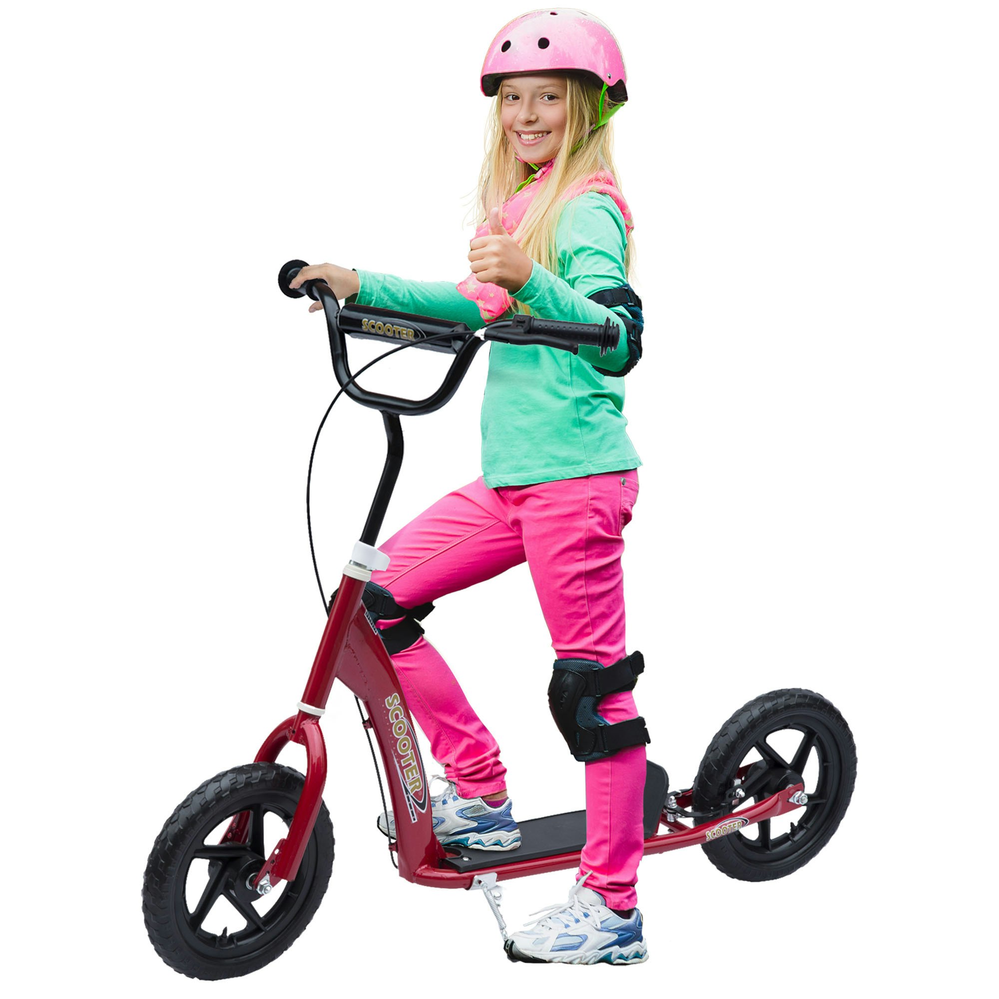Homcom Red Kids Scooter Kick Scooter With 12" Eva Tyres, Rear Brake, Big Wheels Scooter For 5-12 Years Old - Bicycle Scooter Size 12