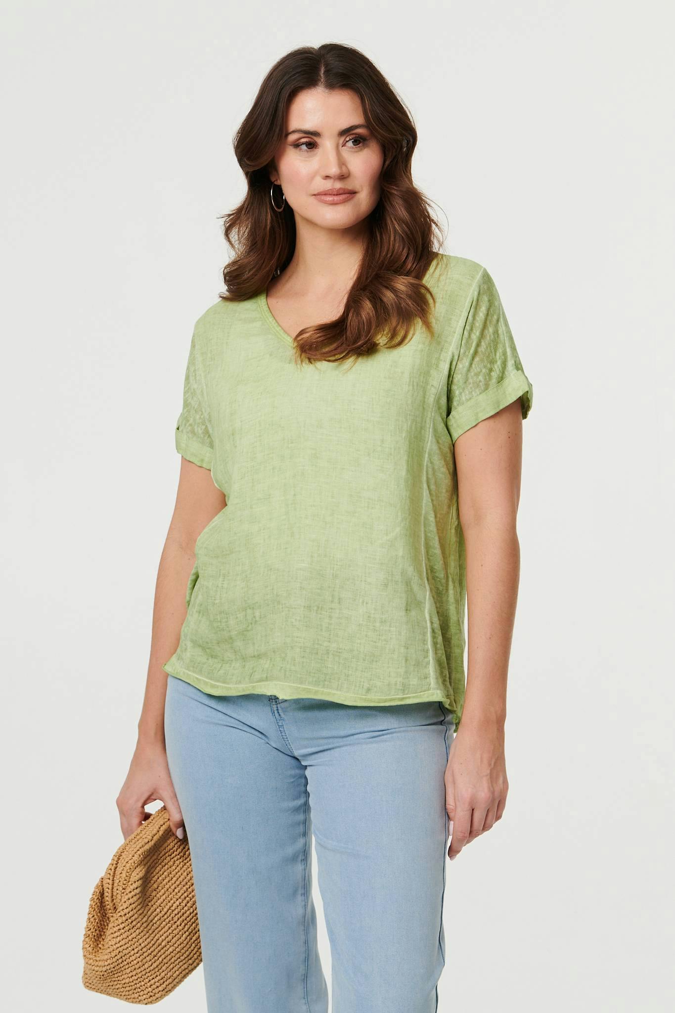 Izabel London Green Relaxed Short Sleeve Scoop Neck Top - 14