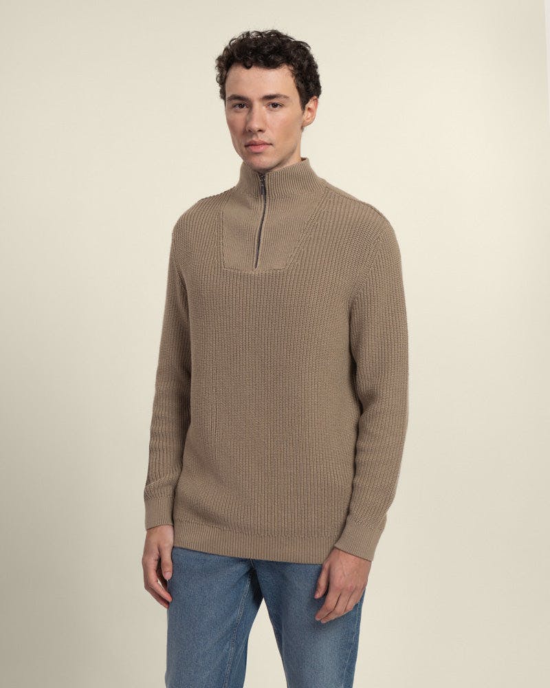Larsson & Co Rib Panel Knitted 1/4 Zip Sweater - L - Taupe