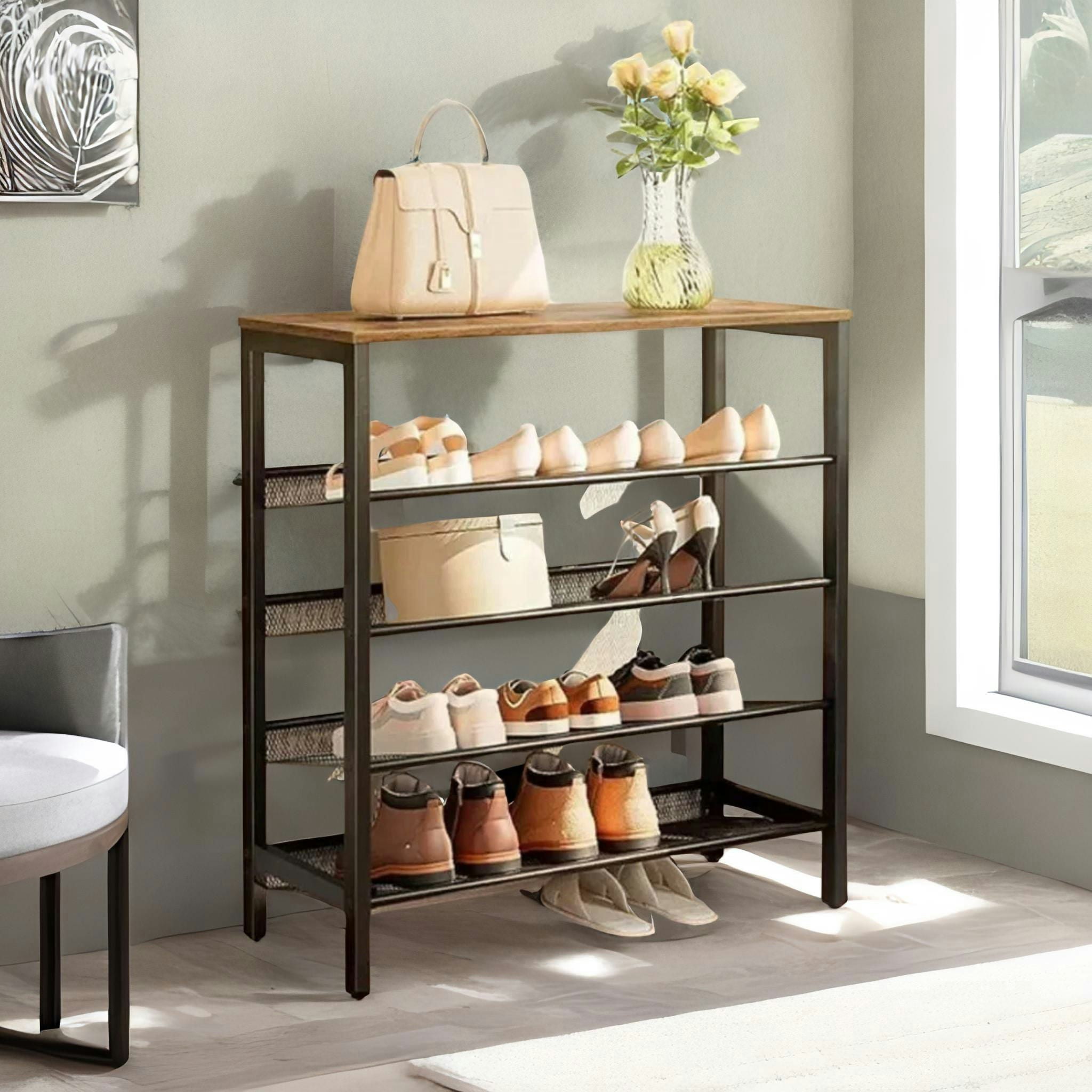 Rackhams Brown 5-Tier Industrial Vertical Shoe Rack With Adjustable Shelves Rustic