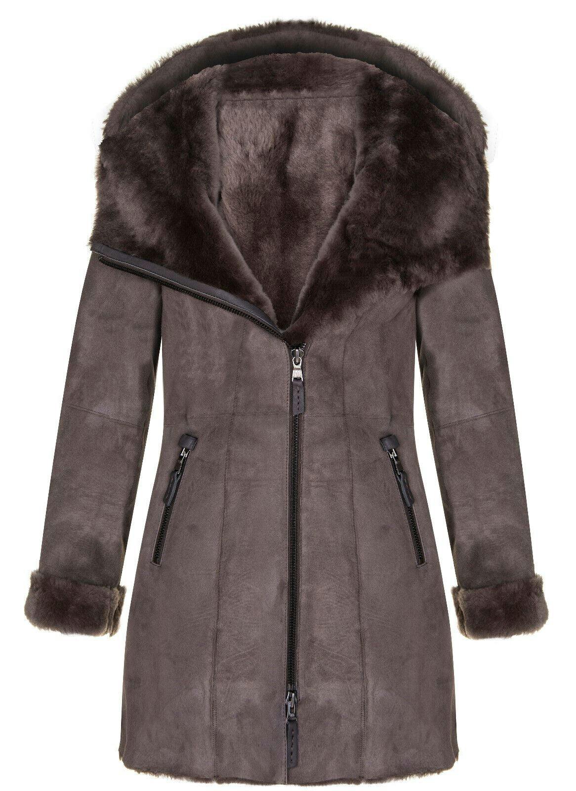 Infinity Leather Women's Brown Merino Sheepskin Hooded Coat-Ryde - 4XL