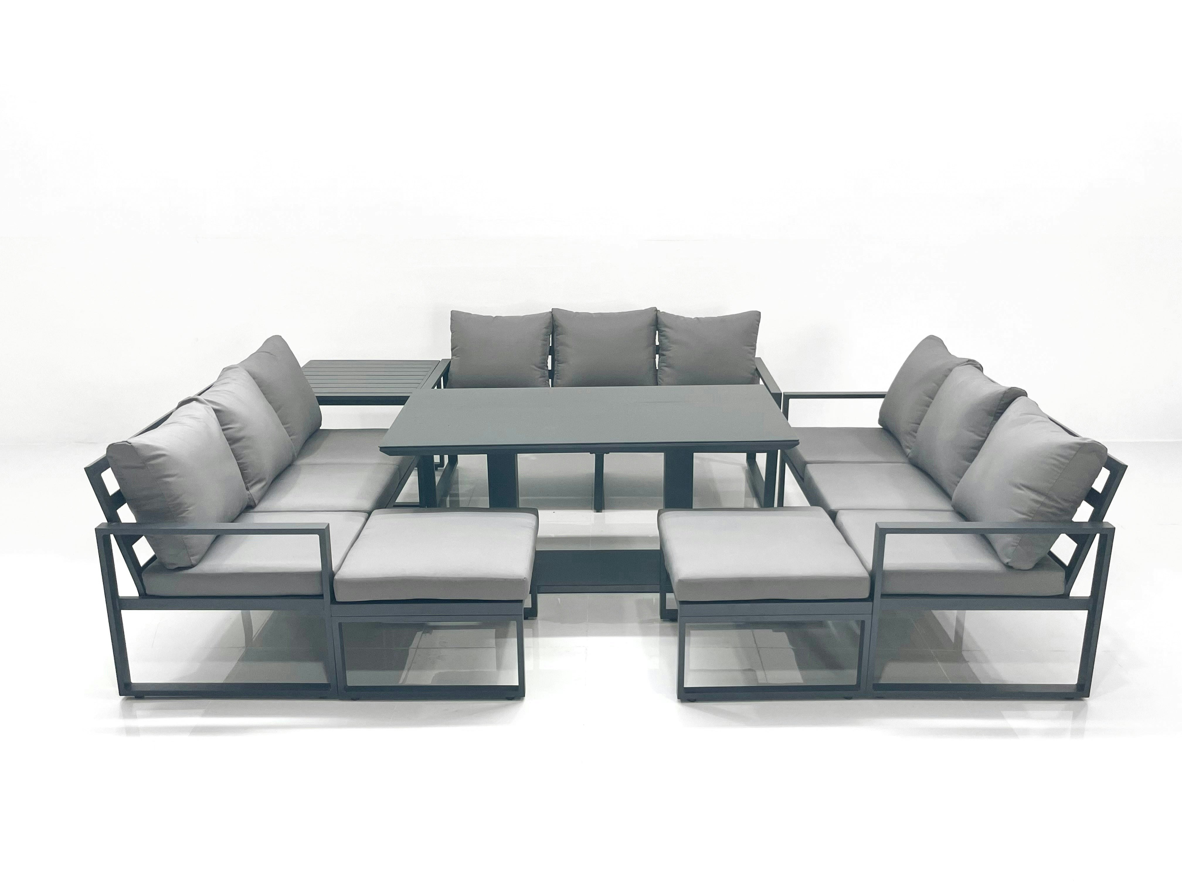 Rackhams Dark/Grey 11 Seater Garden Sofa Set Aluminium Furniture Rising Dining Tabe Set With Side Table 2 Big Footstools