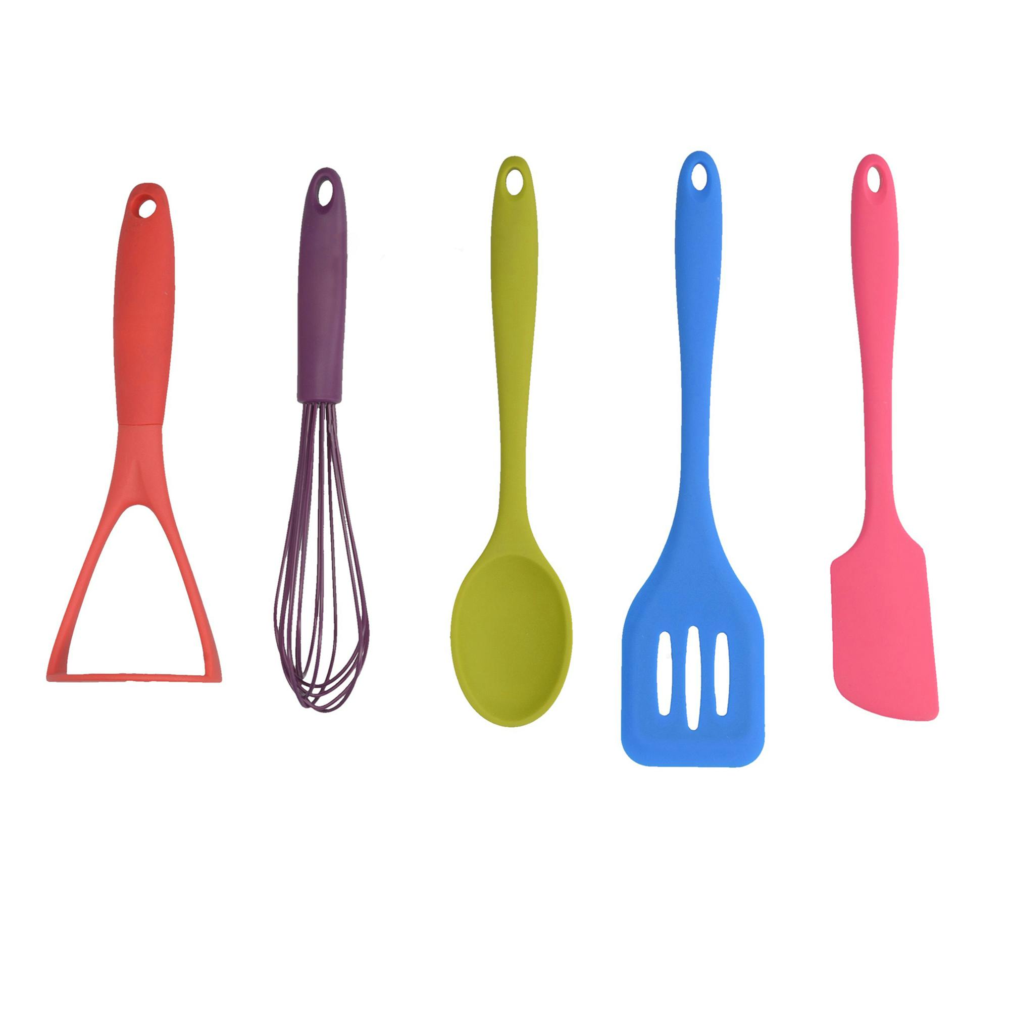 Rackhams Red/Purple/Green Brights 5 Piece Complete Kitchen Utensil Set - Multicolour - Silicone - Kitchen Utensils