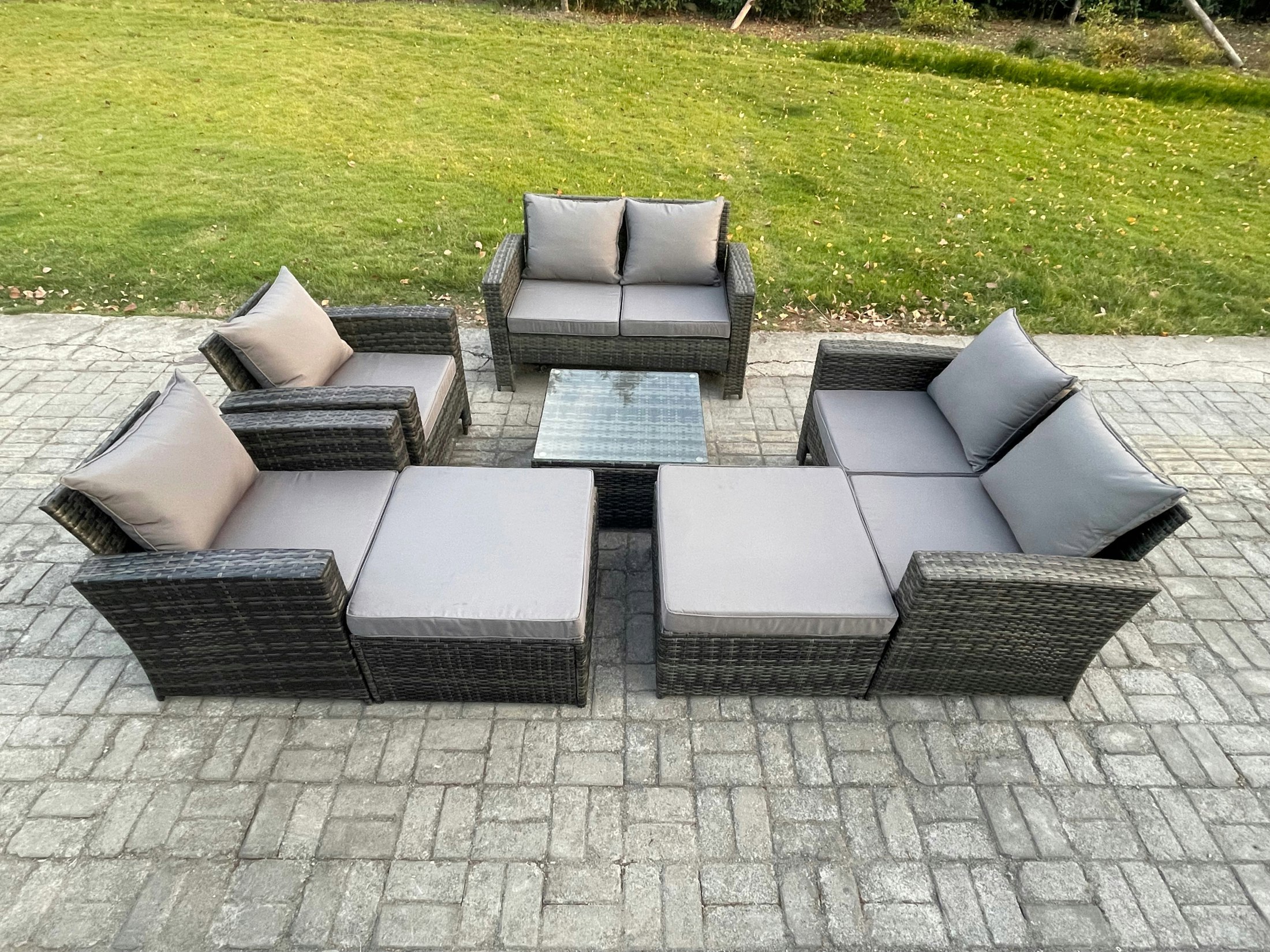 Fimous Dark/Grey Rattan Outdoor Garden Furniture Sofa Set Table & Chairs With 2 Big Footstool Mixed