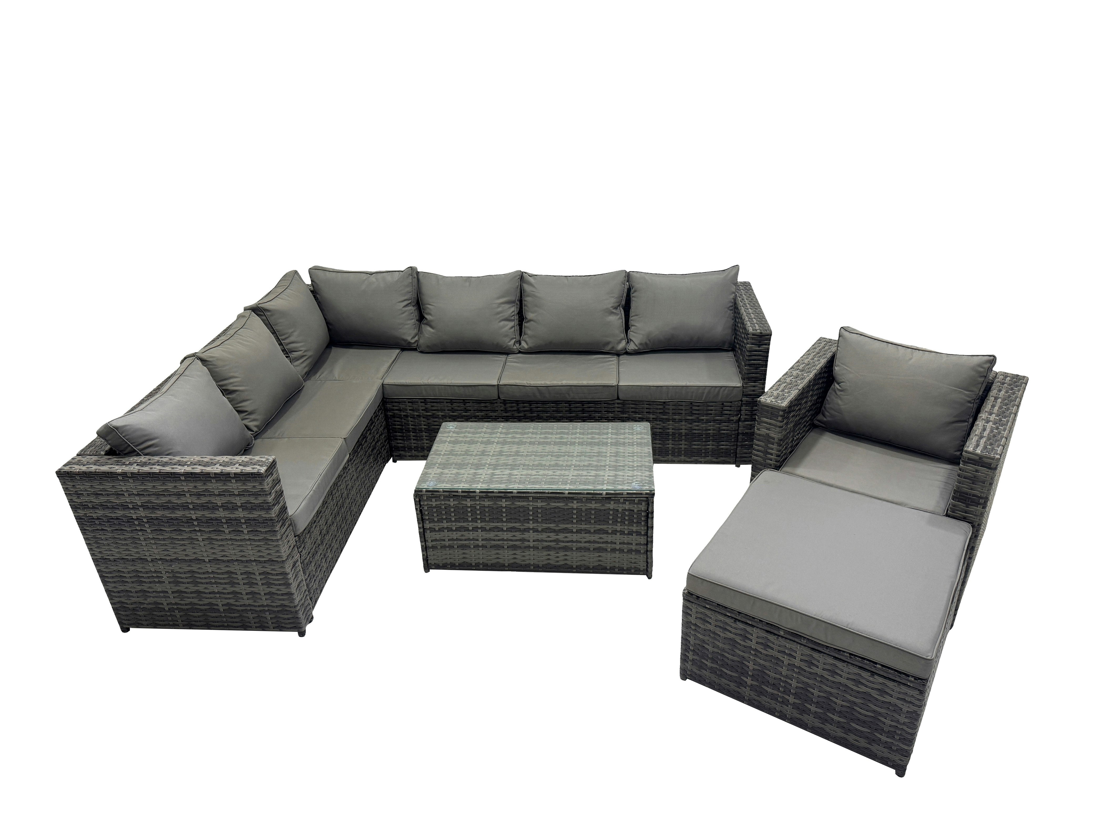 Rackhams Dark/Grey Outdoor Rattan Rectangular Coffee Table Corner Sofa Setss Garden Furniture Sets With Big Stool Mixed