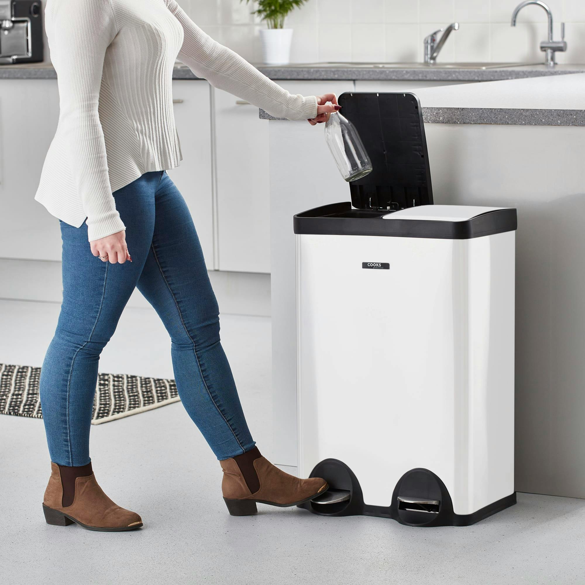 Rackhams White 60L Recycling Pedal Bin | Dual Pedal