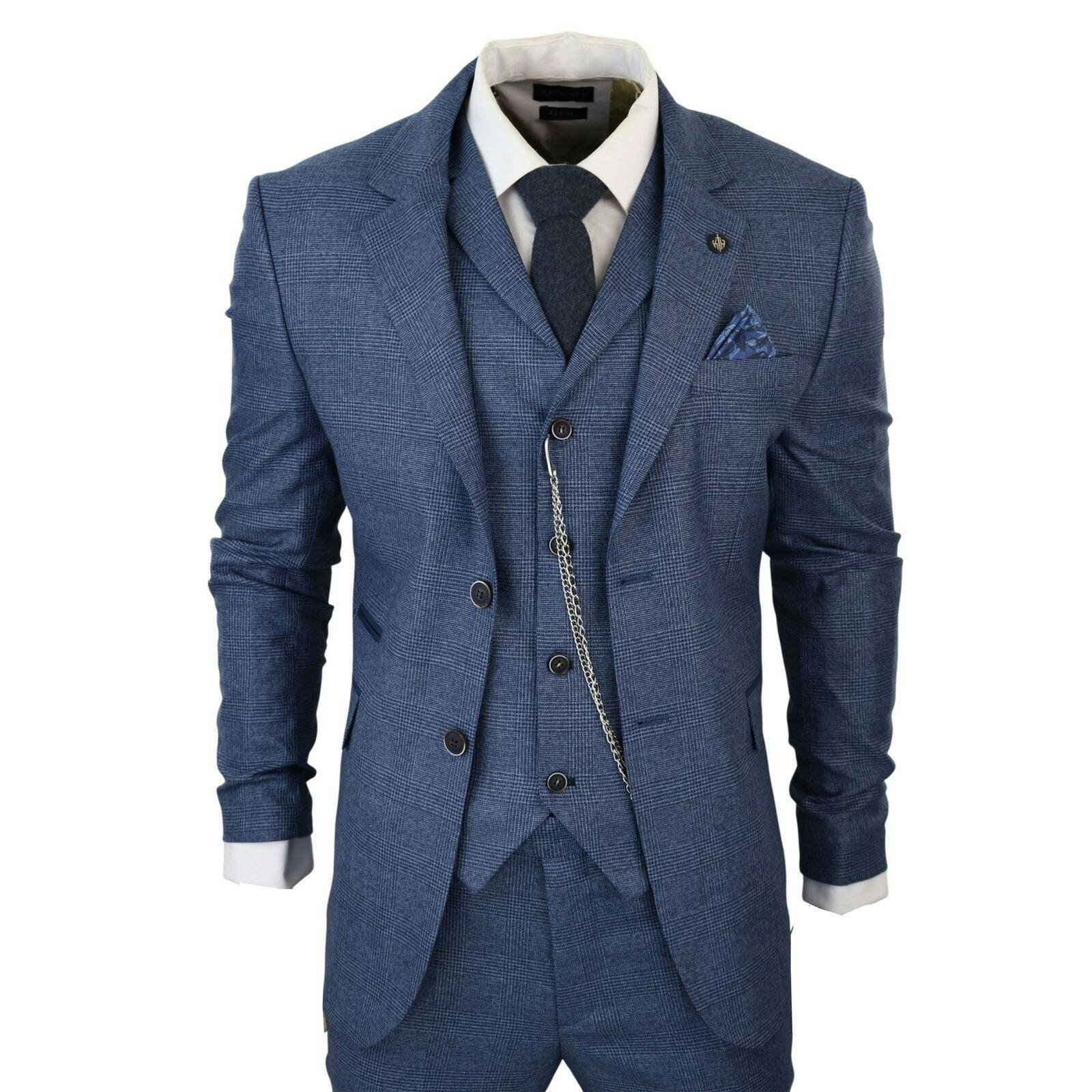 Truclothing Men's Blue 3 Piece Prince Of Wales Check Suit - 46" Jacket 40" Trousers