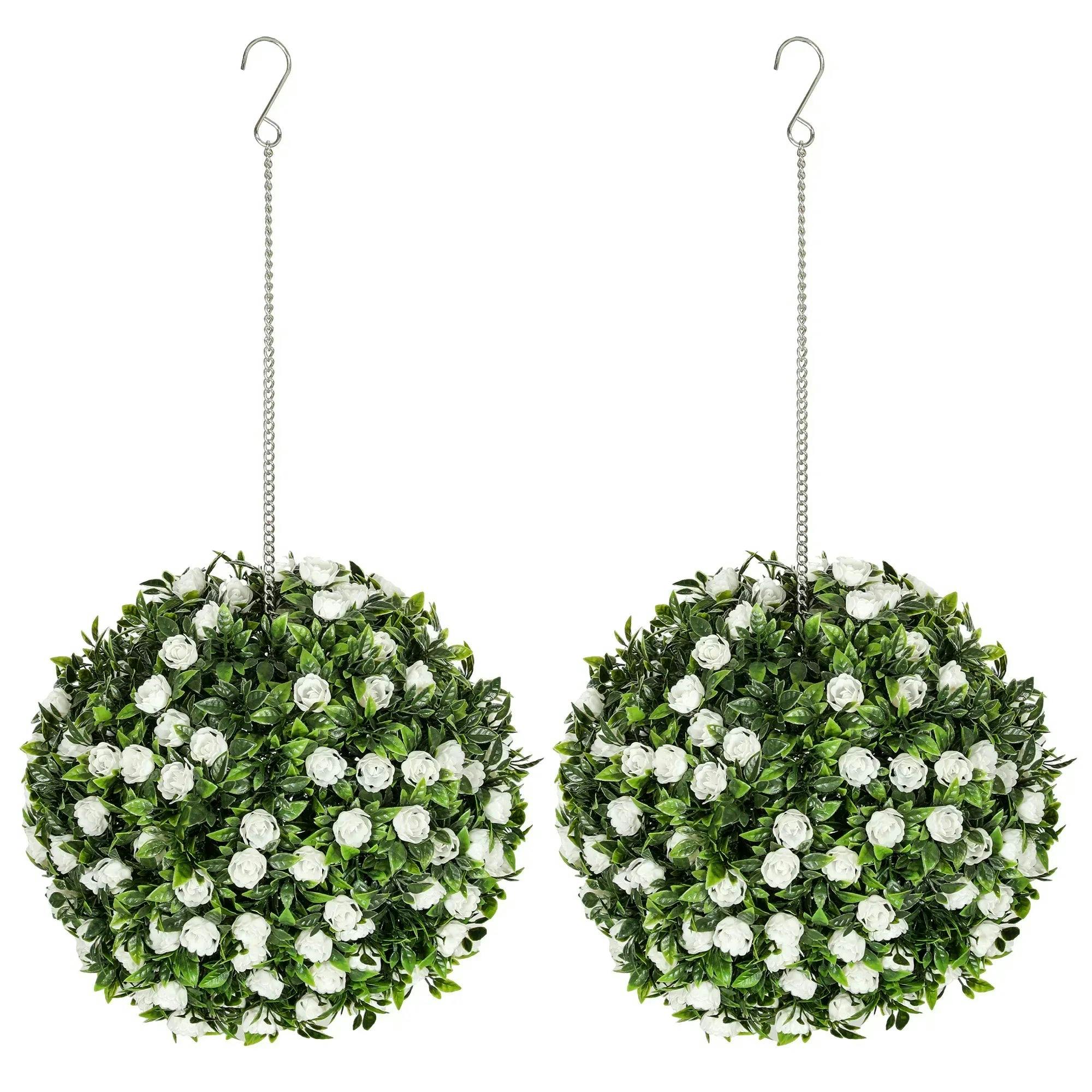 HOMCOM Set of 2 Decorative Artificial Plants Topiary Rose Balls 28cm White | UV-protected, Artificial Trees, Fake Plants, for Home, Indoor, Outdoor Decor - Image 6