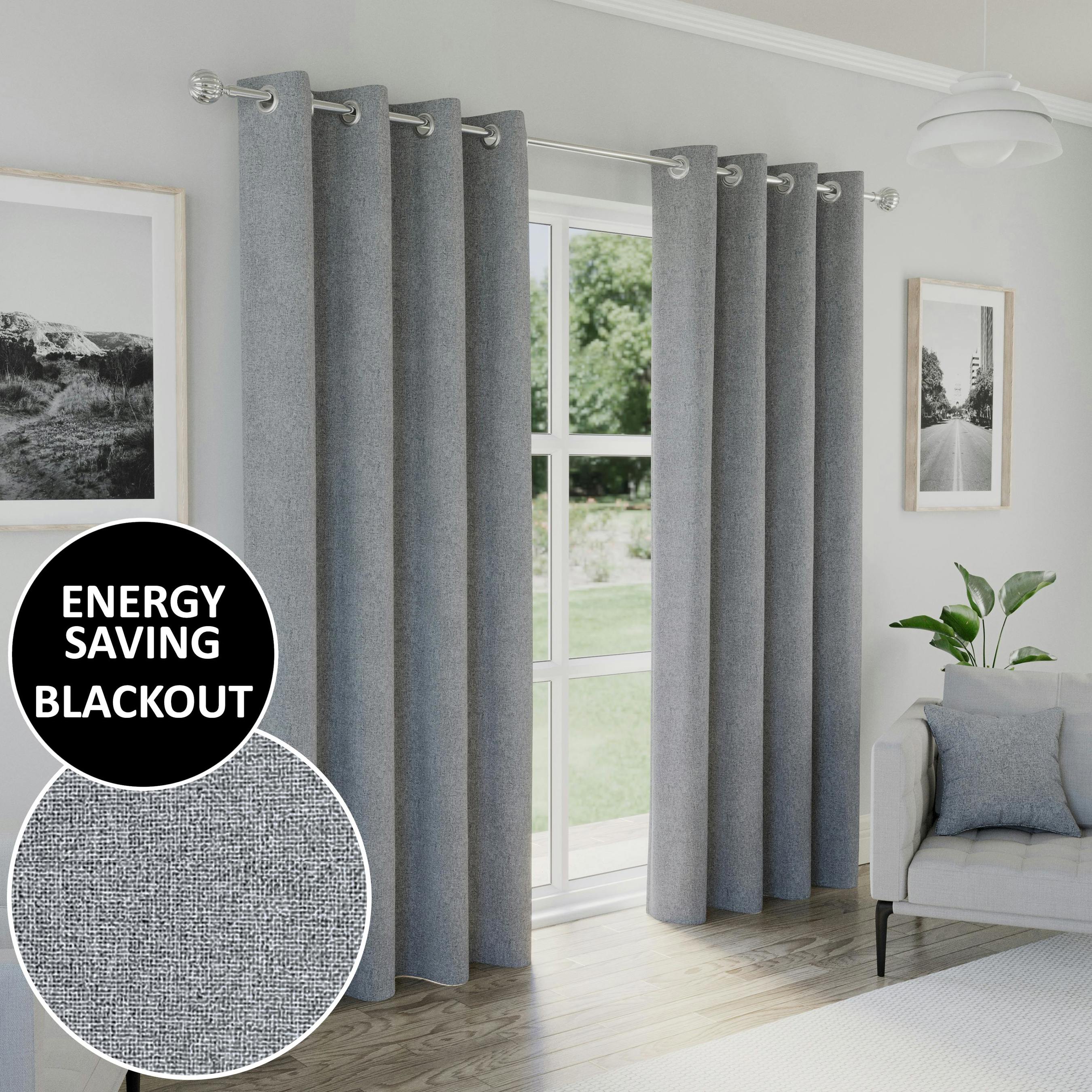 Enhanced Living Grey Textured Basketweave 100% Blackout Curtains - Thermal/Energy Saving Pair With Eyelets For Living Room & Bedrooms - 90" (229Cm) Width X 90" (229Cm) Drop