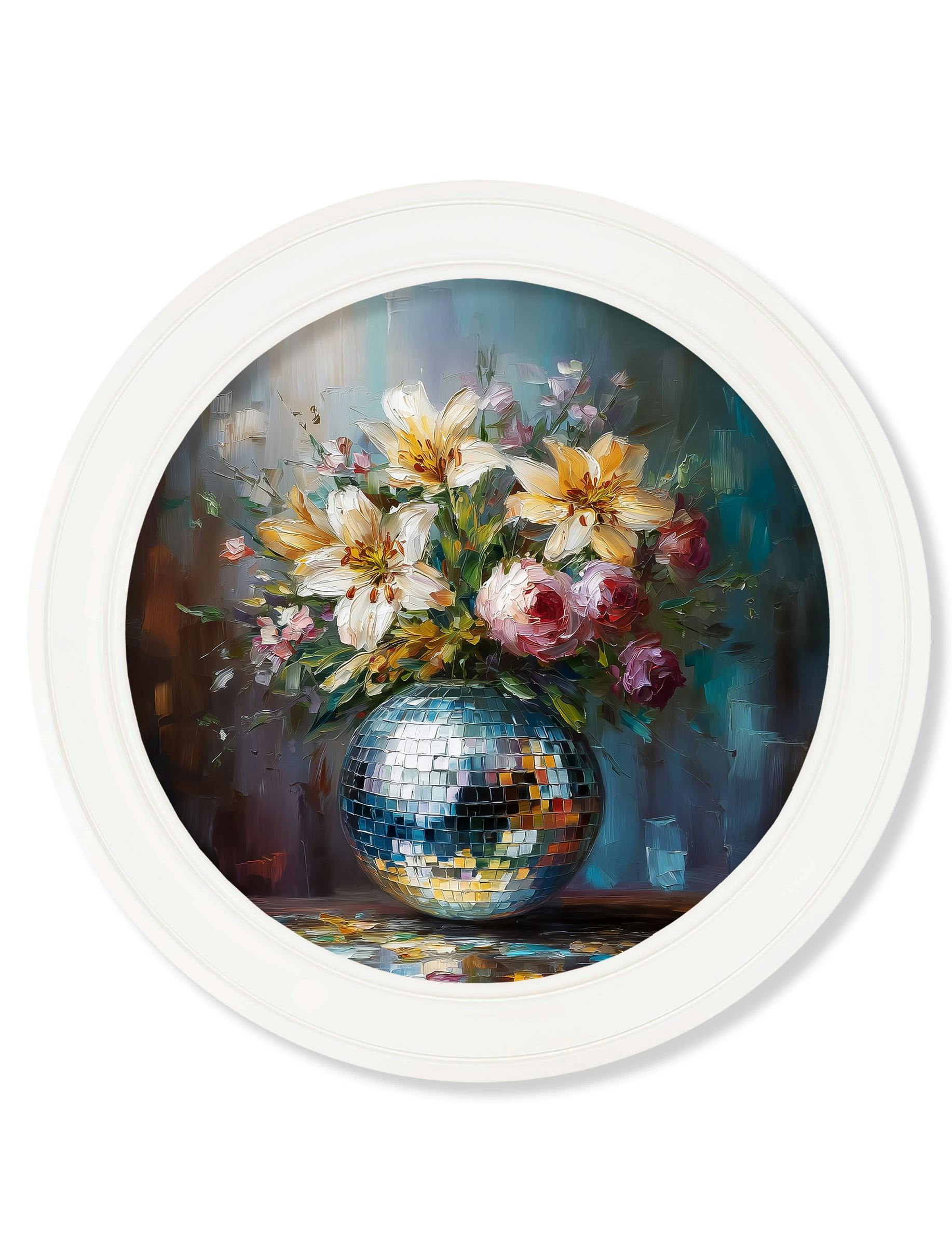 Rackhams White Disco Bloom Lilies & Roses - Oxford Strong Round Frame - Disco Lilies & Roses - 96 X 96Cm