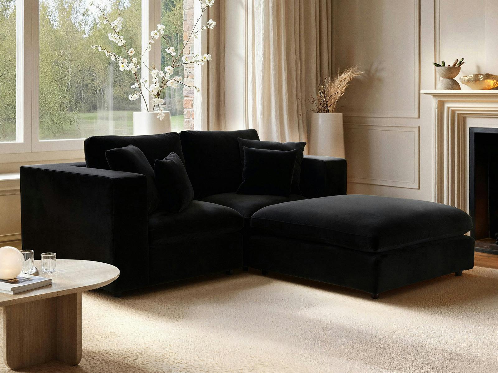 Solace+Co Black Asher 3 Seater Sofa With Footstool - Velvet