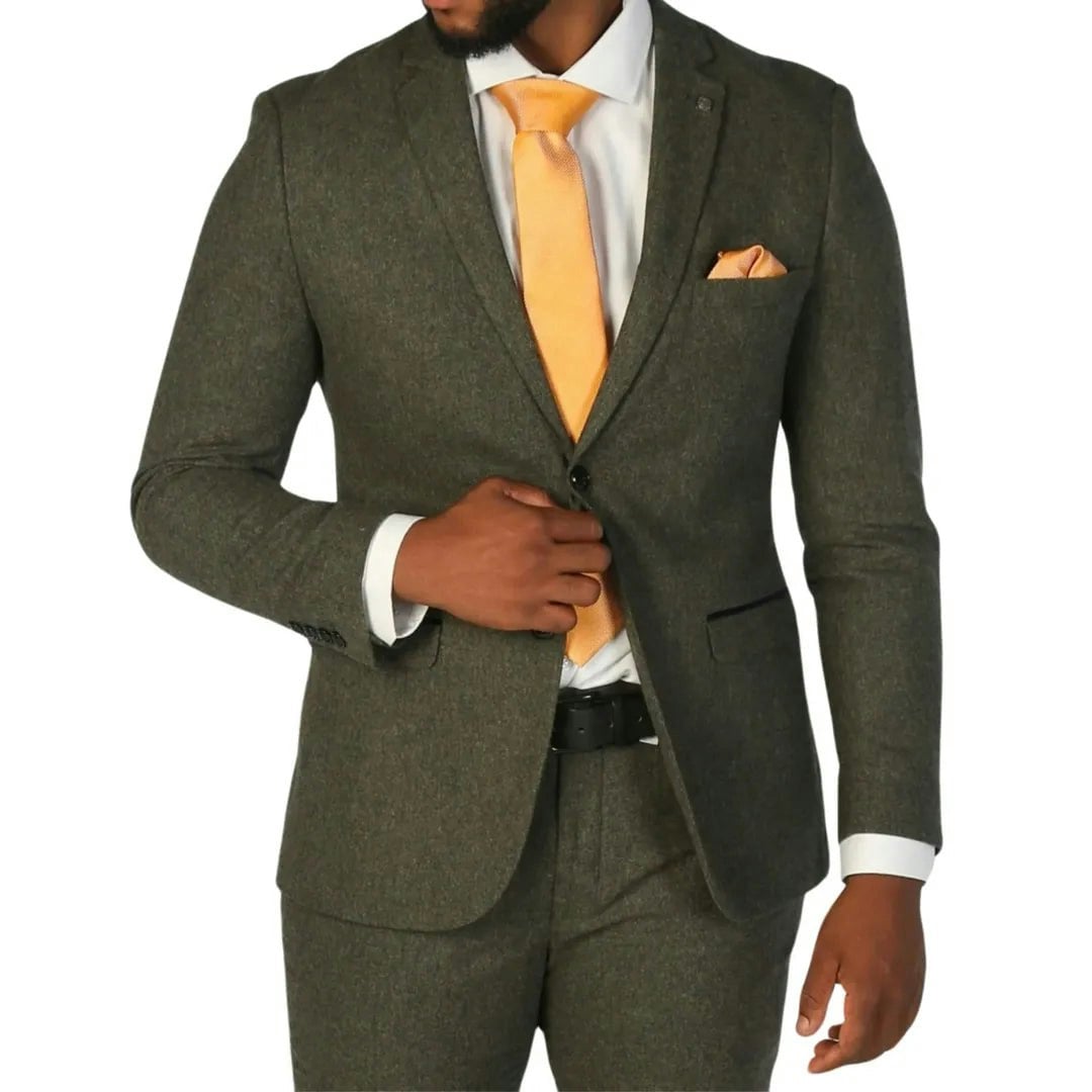 Paul Andrew Men's Green Oscar - Olive Wool Blend Tweed Blazer - 38