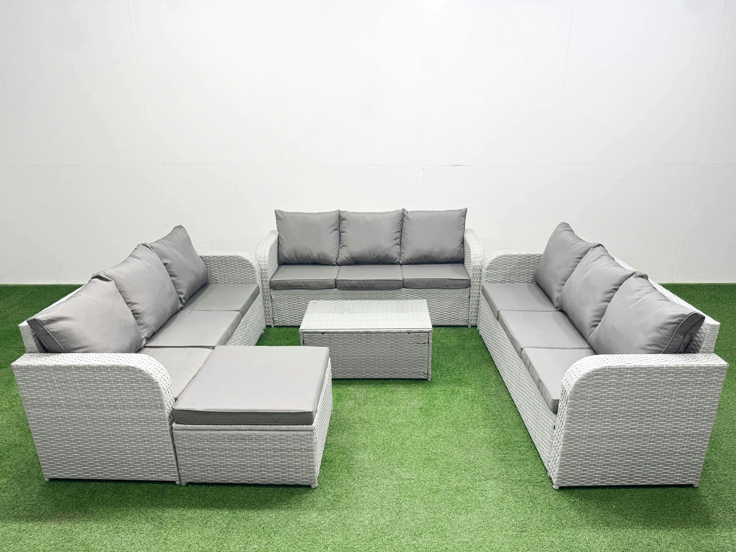 Rackhams Light/Grey Pe Rattan Lounge Sofa Set 10 Seater Outdoor Garden Furniture Set With Rectangular Coffee Table 3 Seater Sofa Big Footstool