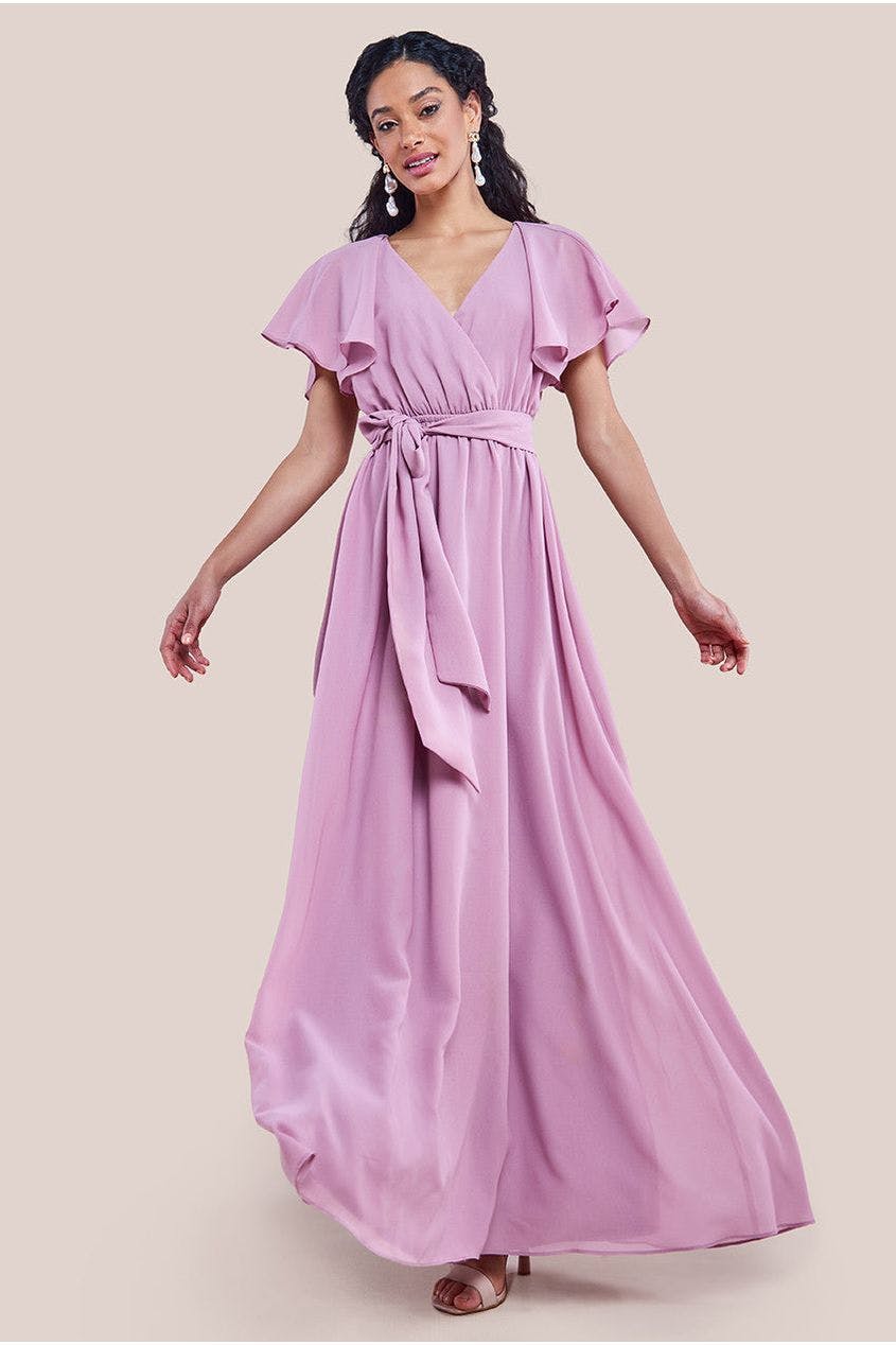 Goddiva Lavender Sustainable Chiffon Flutter Sleeve Wrap Maxi Dress - By - 12