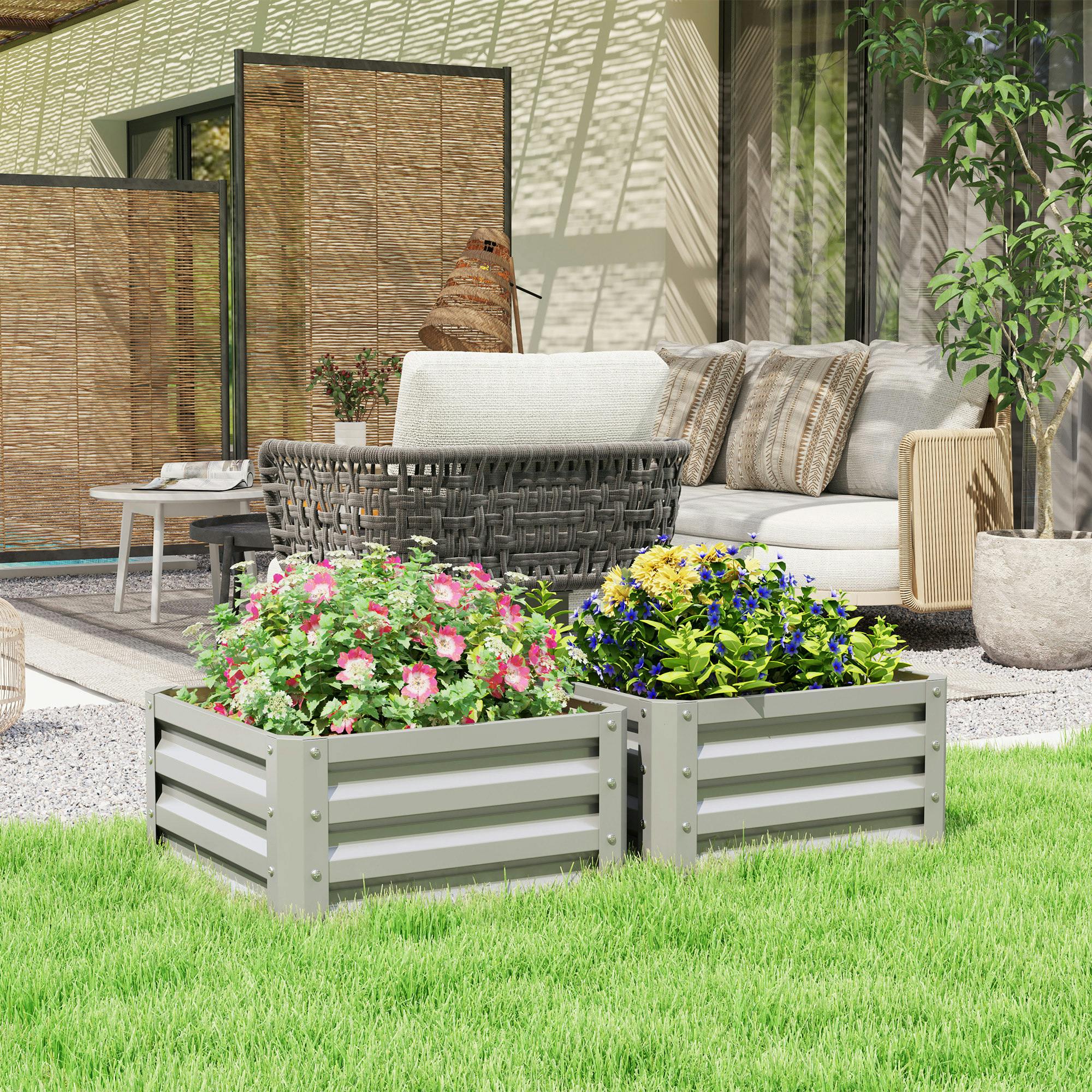 Outsunny Green/Light/Grey Set Of 2 Raised Garden Bed Galvanised Planter Box,