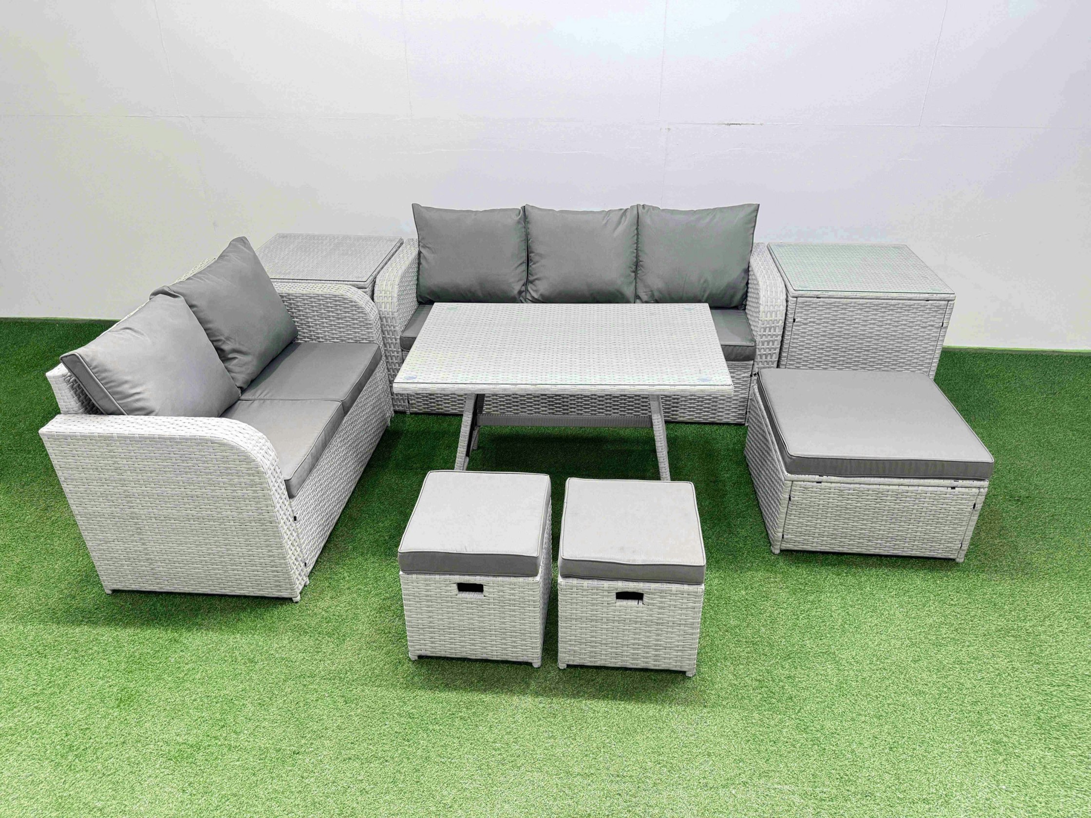 Fimous Light/Grey Outdoor Pe Rattan Garden Furniture Set Rectangular Dining Table Sofa Set With 3 Stool 2 Side Tables