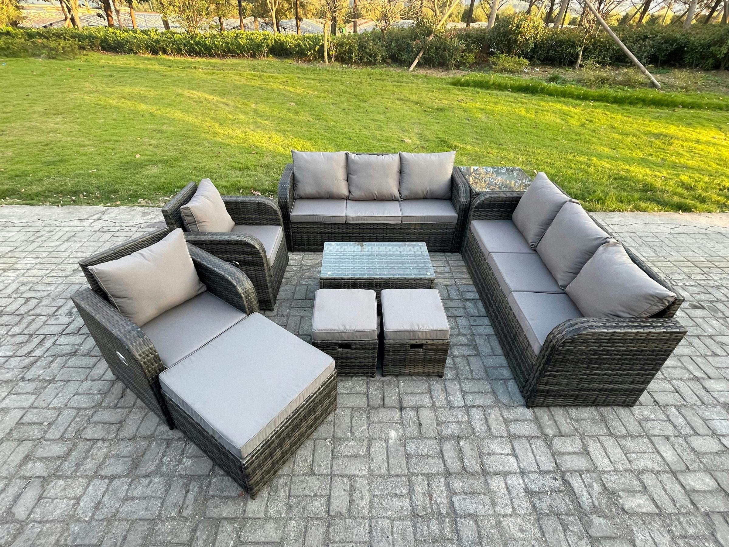 Rackhams Dark/Grey Rattan Outdoor Set, Sofa, Patio Table And Chairs, 3 Seater Sofa, Reclining Chair, 3 Footstools, 3 Seater Sofa And Side Table, Mixed