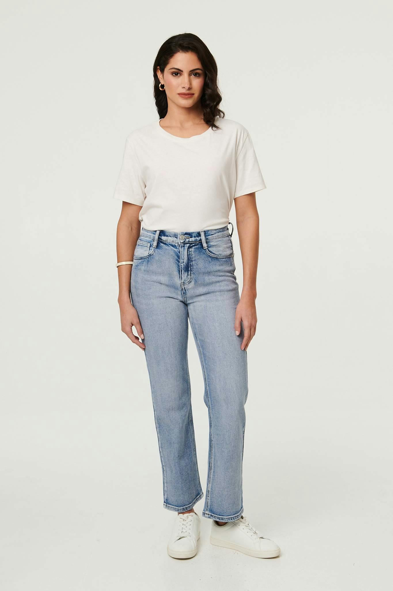 Izabel London Blue High Waist Straight Fit Faded Jeans - 10