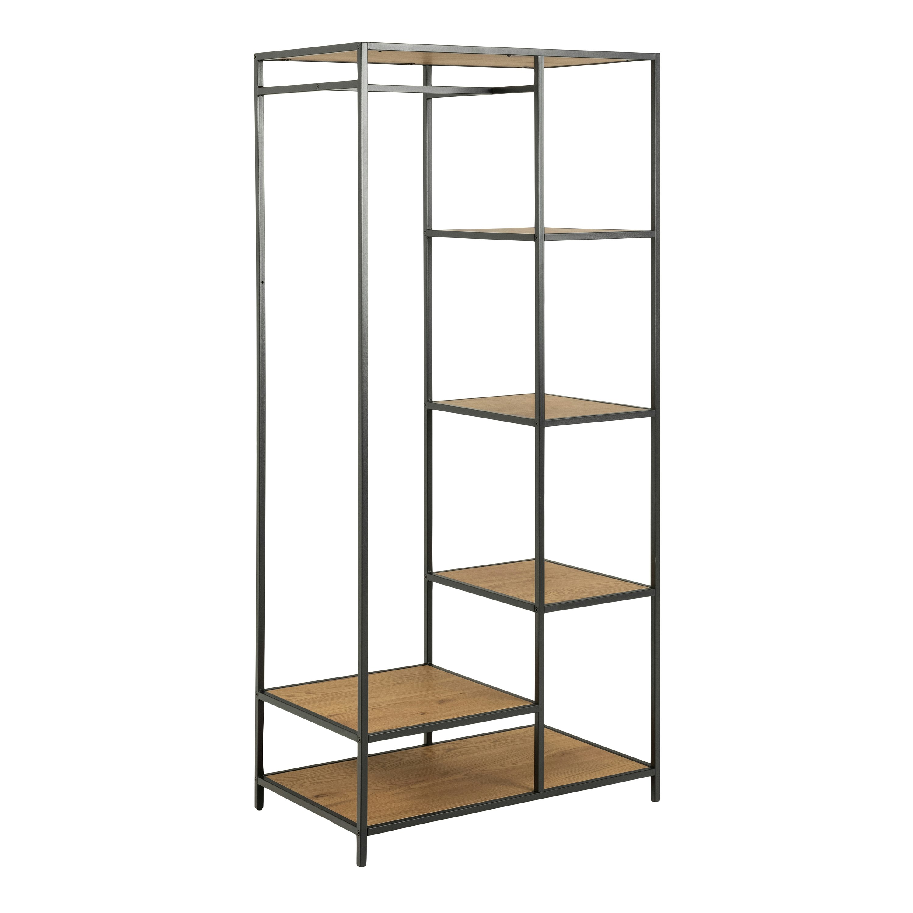 Furniture To Go Black Seaford Metal Clothes Rack With 5 Oak Shelves - 1