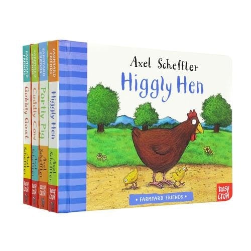 Nosy Crow Farmyard Friends 4 Book Set By Axel Scheffler Higgly Hen, Portly Pig, Cuddly Cow & Gobbly Goat
