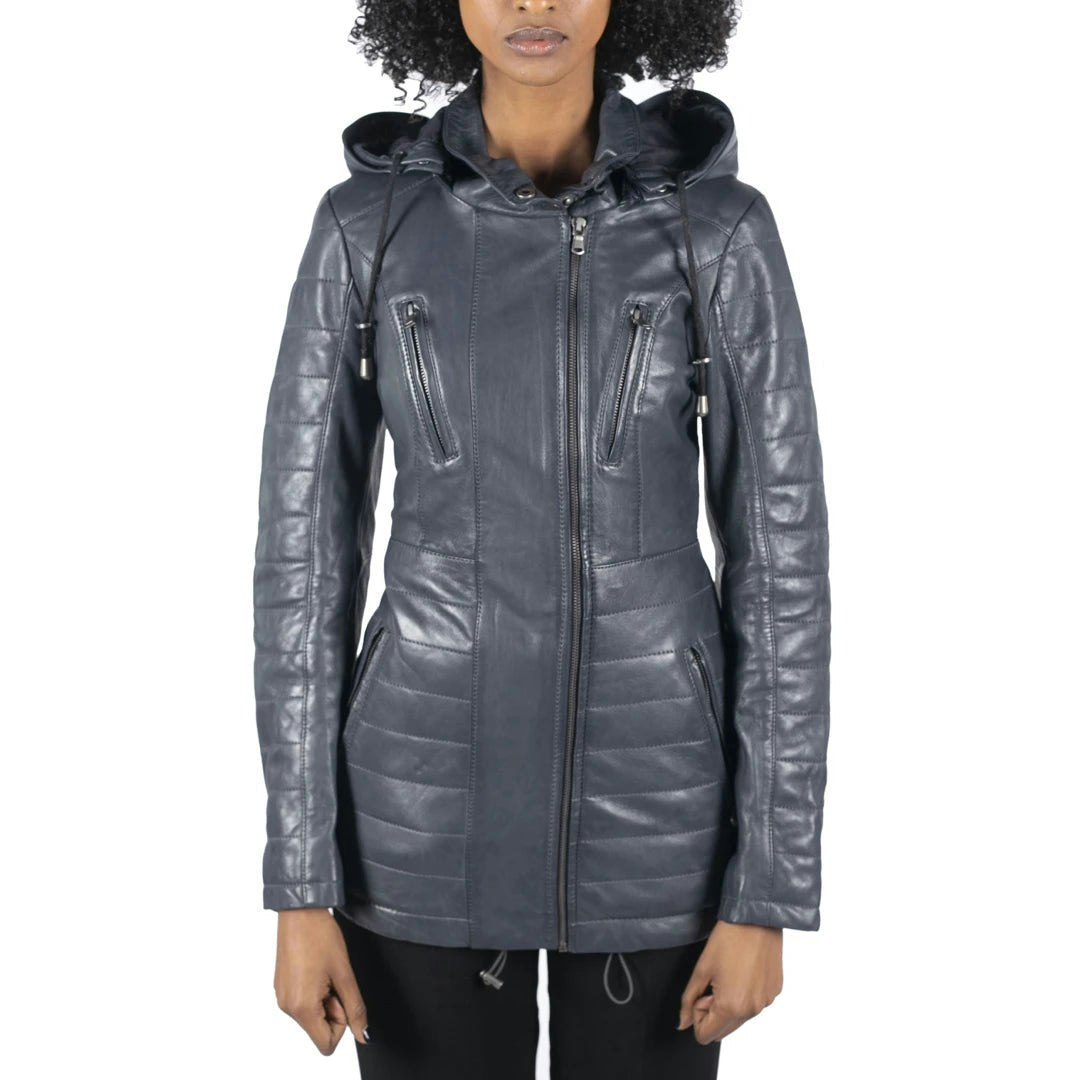 Infinity Leather Women's Brown/Grey Leather Parka Jacket 3/4 Fur Hood Zipped Tan - Uk 22